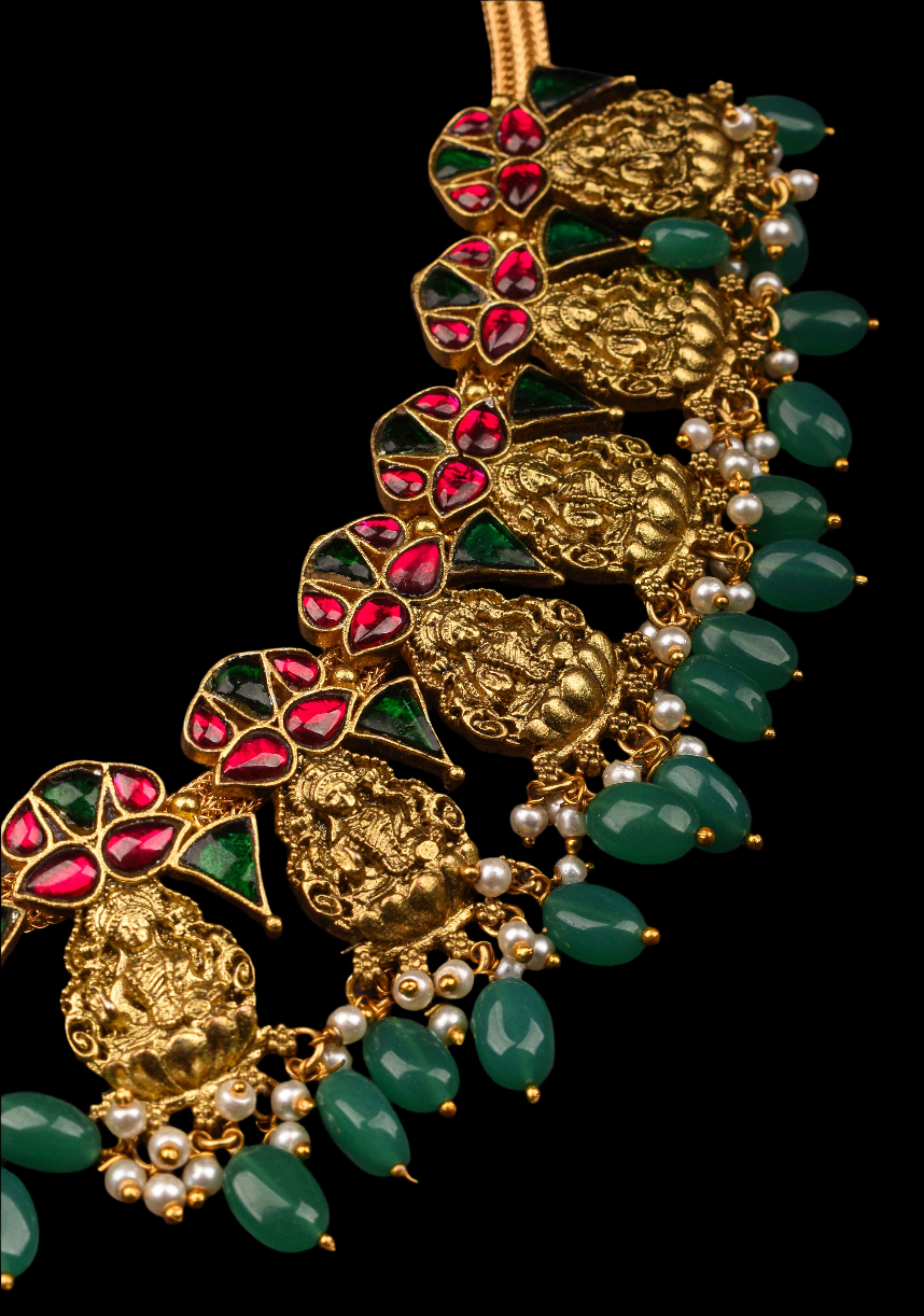 Nagas Lakshmi Necklace with Multicolor stone and green dangling beads | SHOBITAM