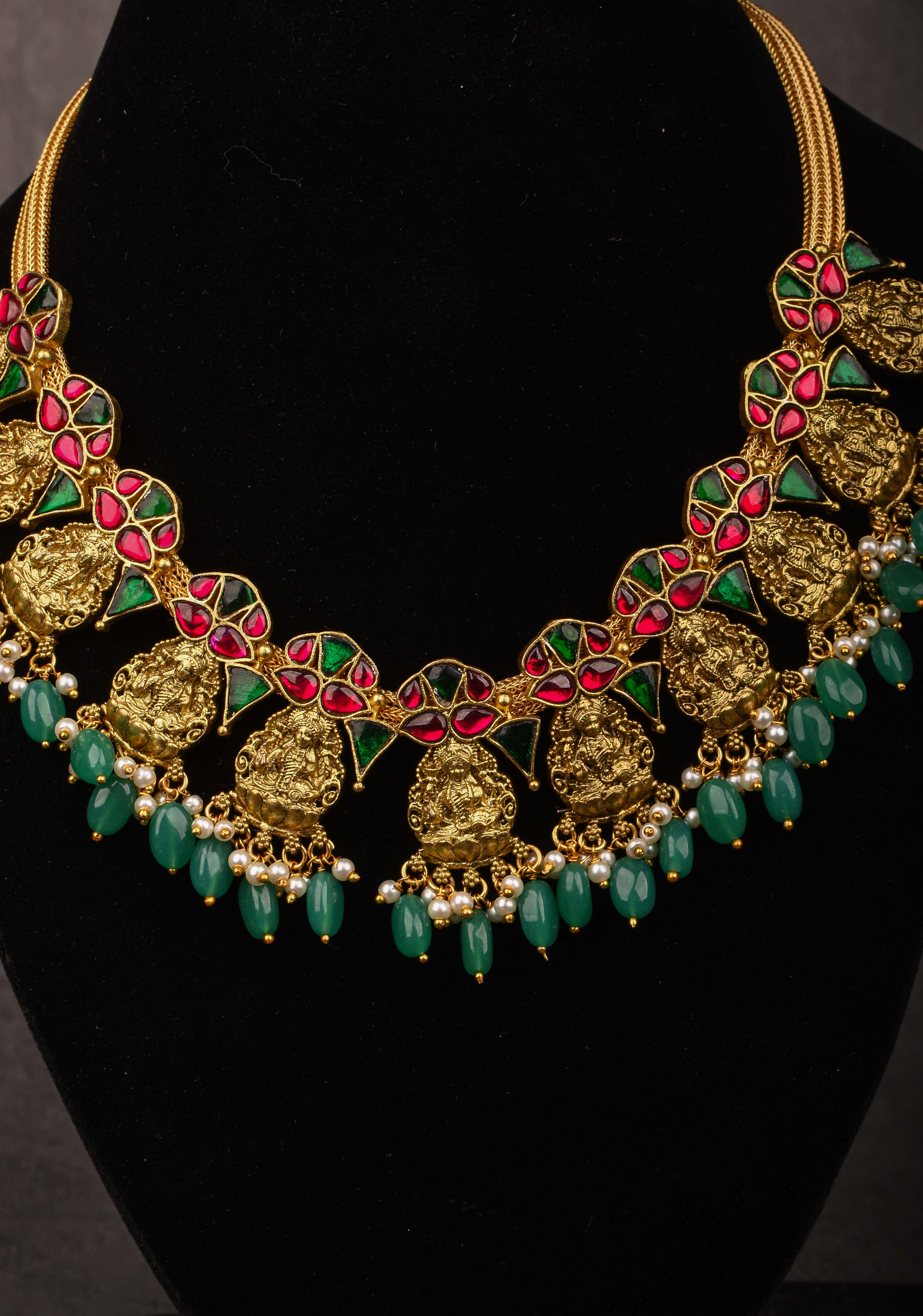 Nagas Lakshmi Necklace with Multicolor stone and green dangling beads | SHOBITAM