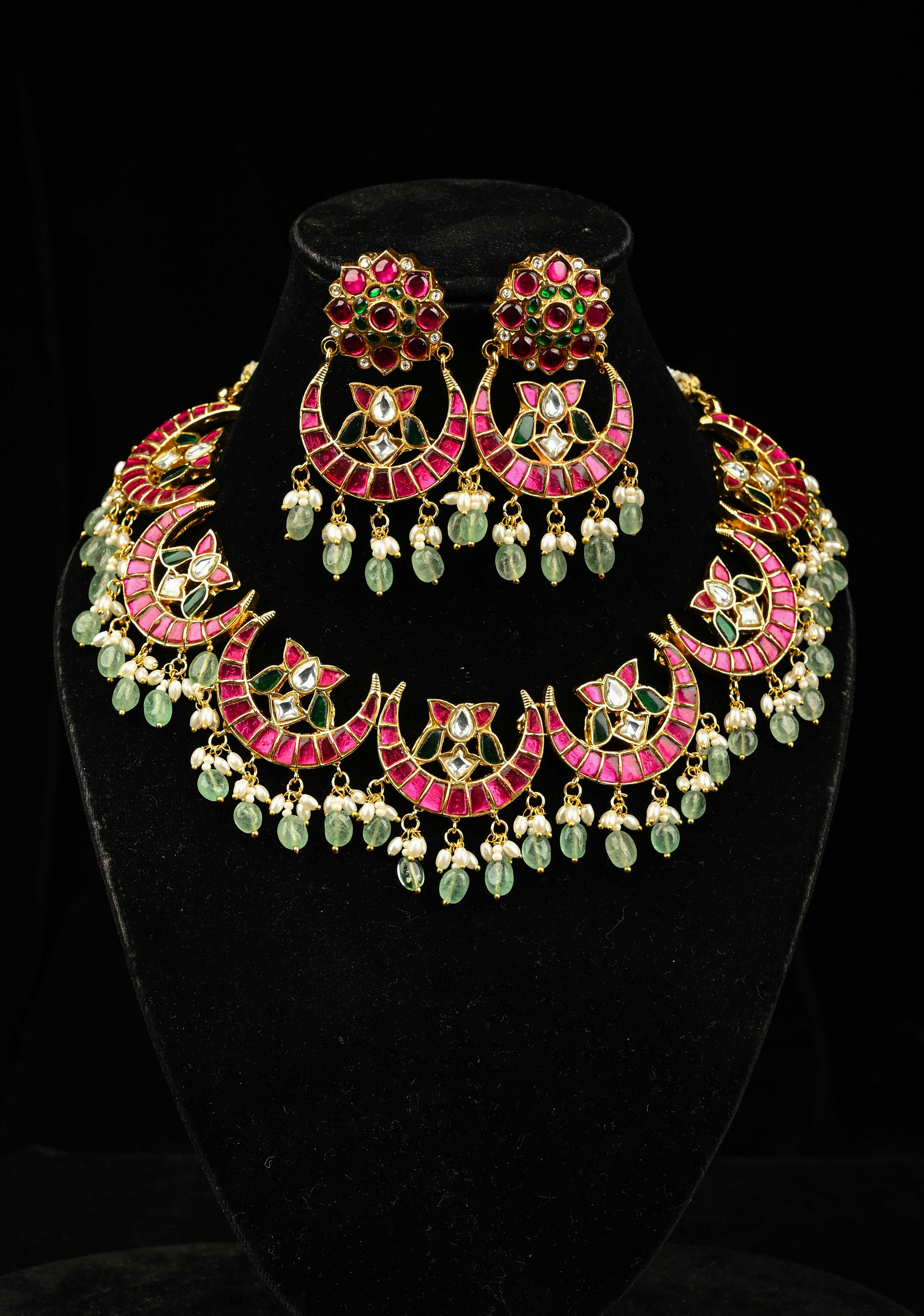 Chand Design Jadau Necklace Set with Dangling Beads | SHOBITAM