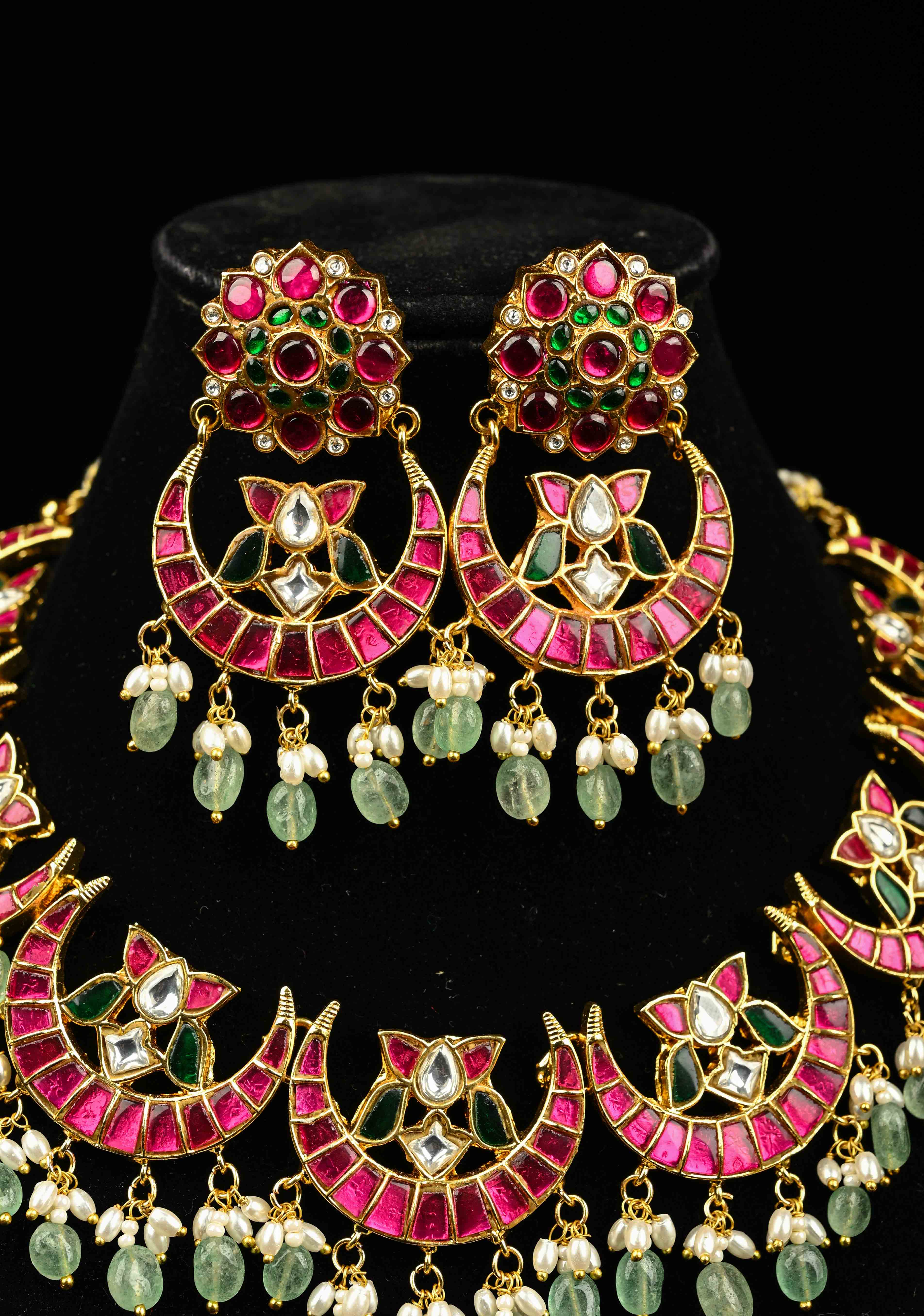Chand Design Jadau Necklace Set with Dangling Beads | SHOBITAM