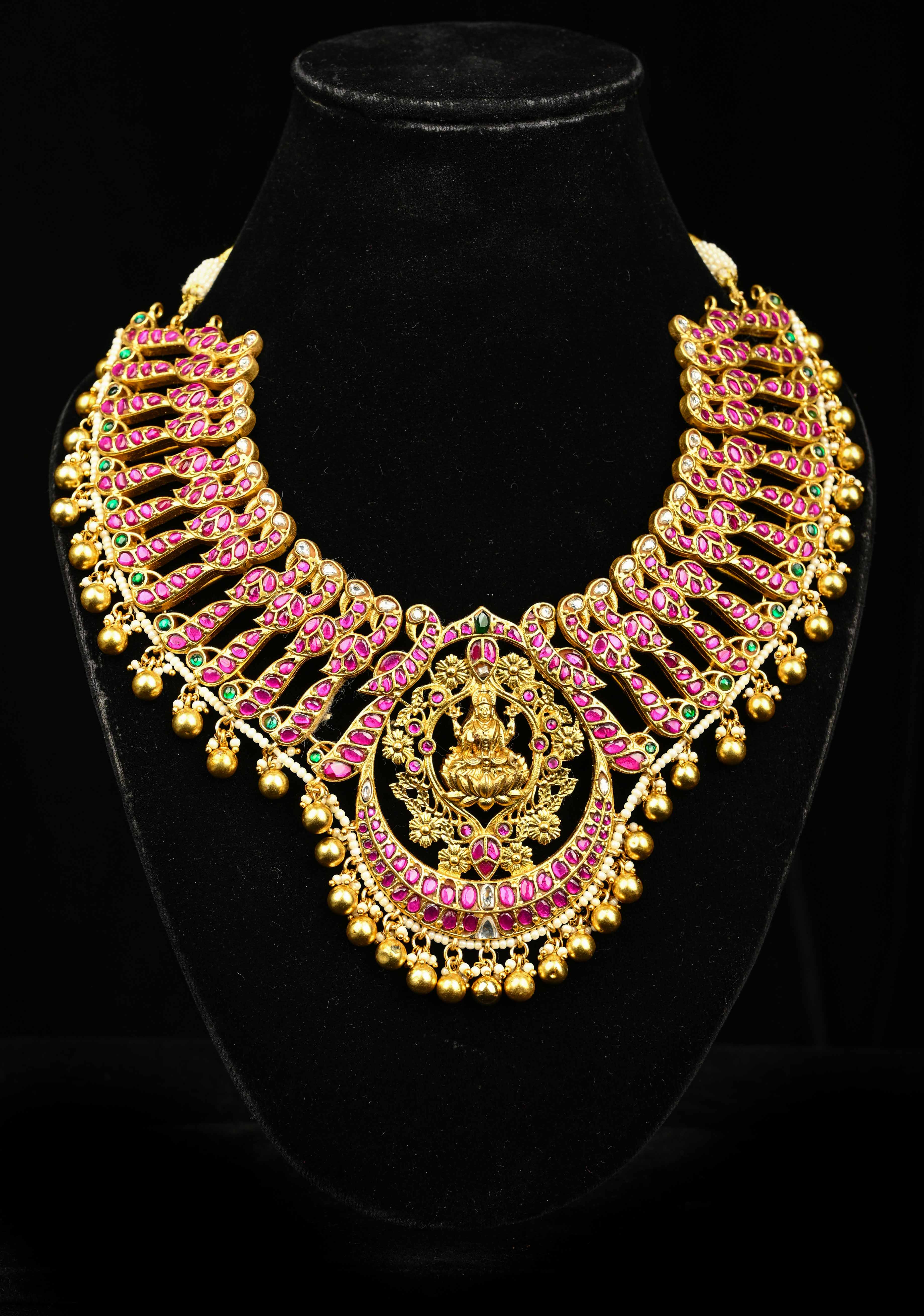 Exquisite Closed Neck Jadau Necklace with lakshmi Pendant and Dangling Pearls, No Earrings | Shobitam jewelry