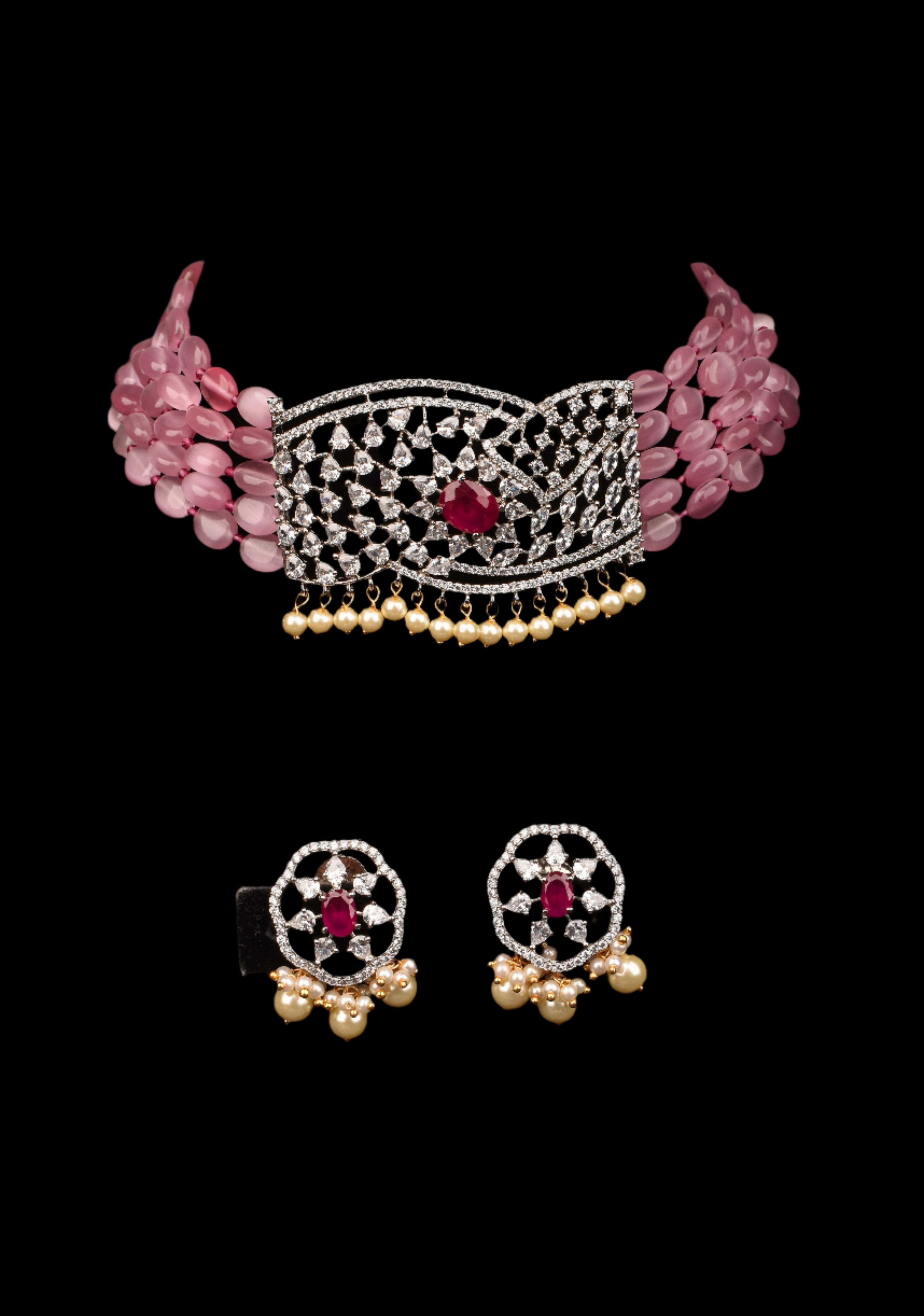 Victorian Pendant with Translucent Pink Oval Shape Bead Strands Choker Set | Shobitam Jewelry
