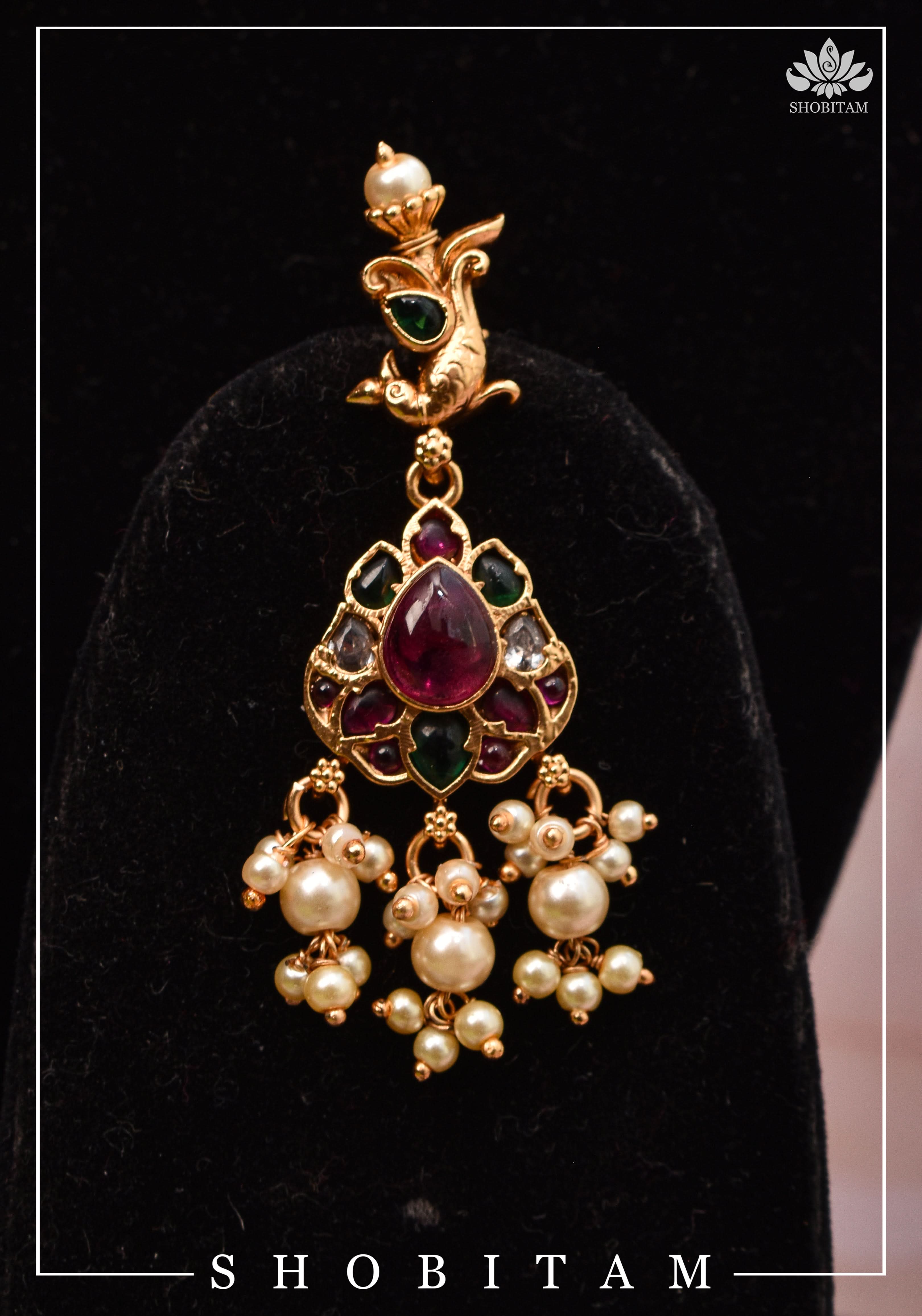 Jadau Lotus Stone Embellishment with Peacock units Choker Set In Green,Pink and white With Matching Earrings | Shobitam