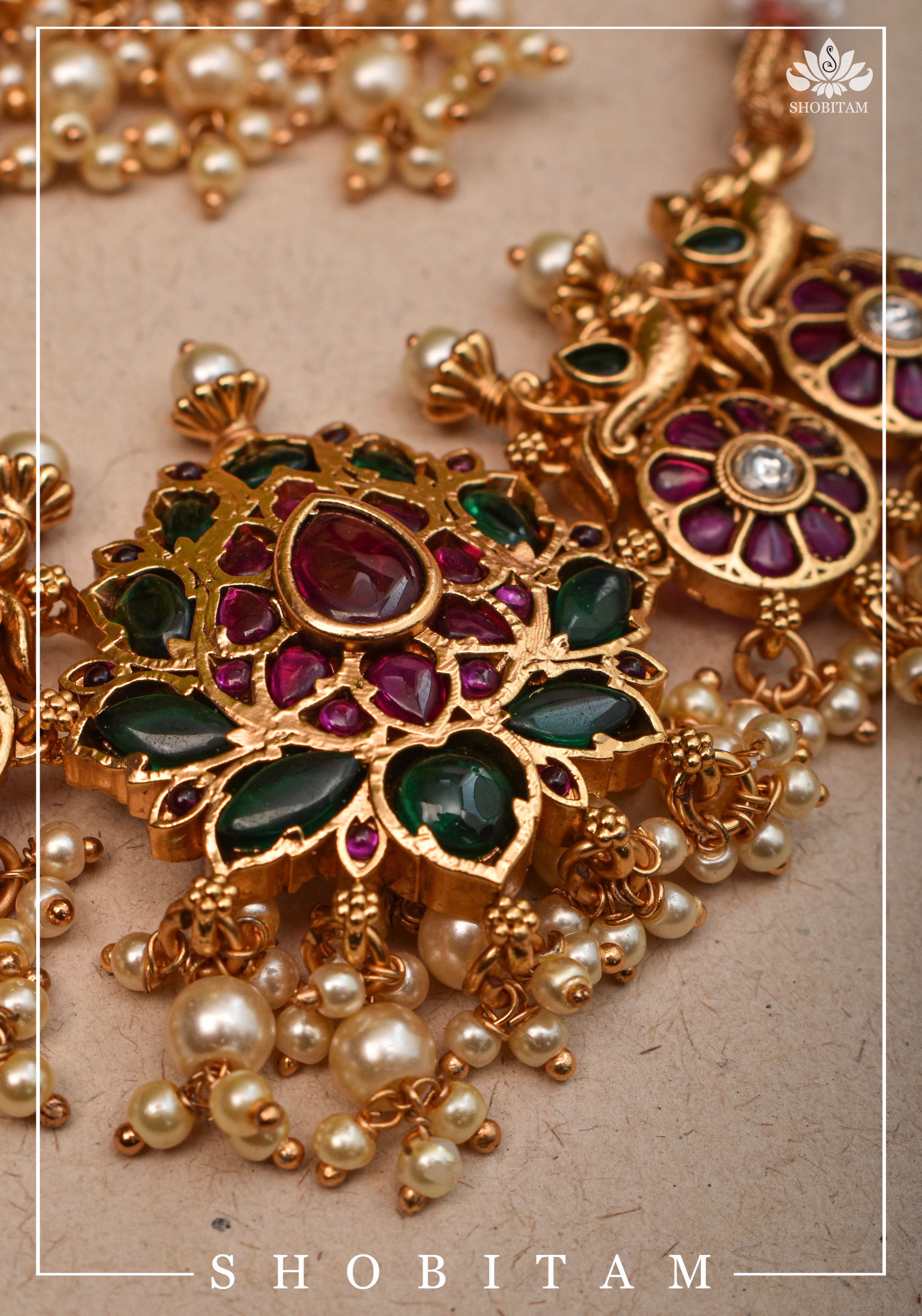 Jadau Lotus Stone Embellishment with Peacock units Choker Set In Green,Pink and white With Matching Earrings | Shobitam
