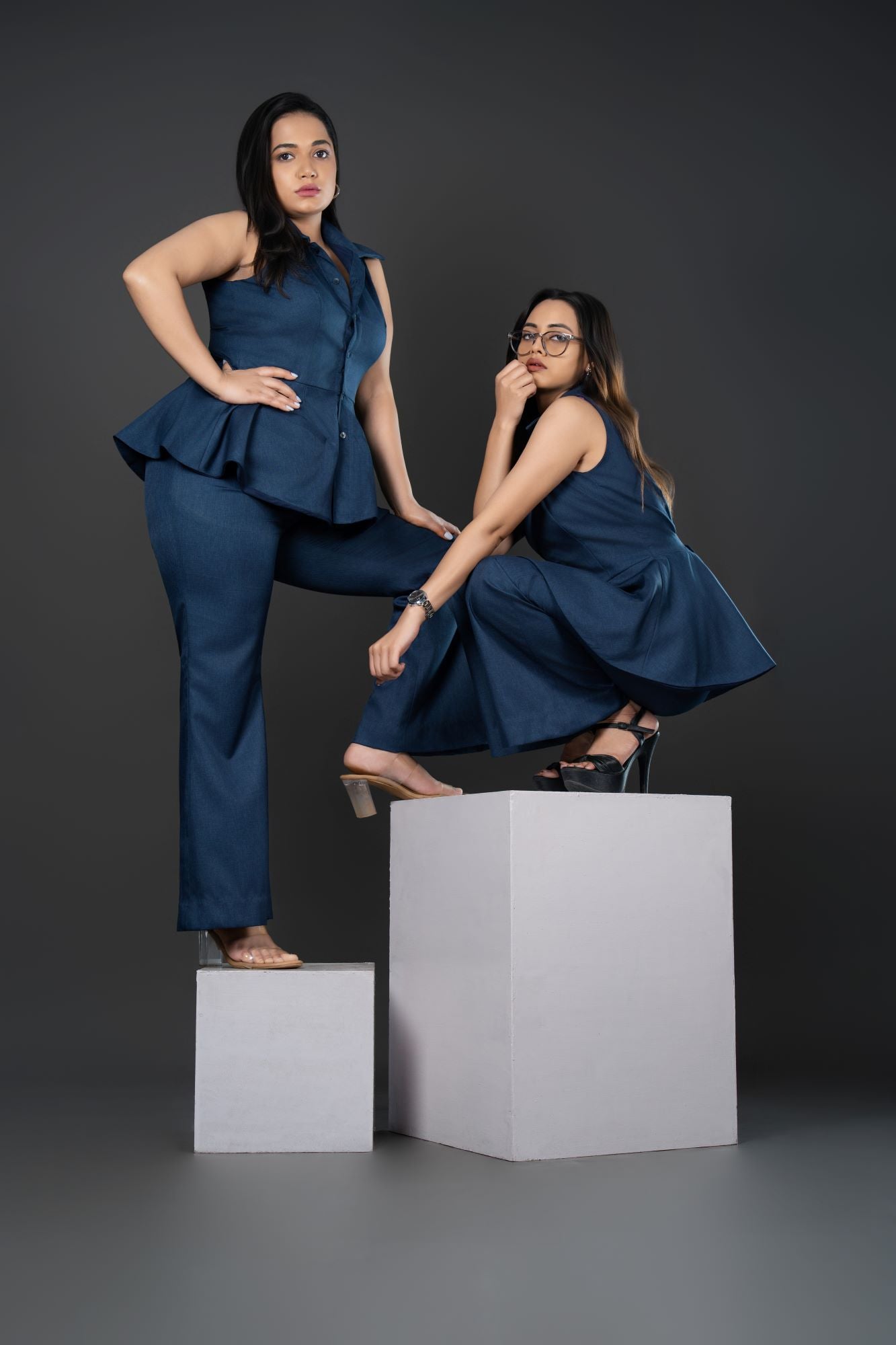 Sleeveless Waistcoat-Style Top with Structured Collar and Peplum Flare Navy Waistcoat