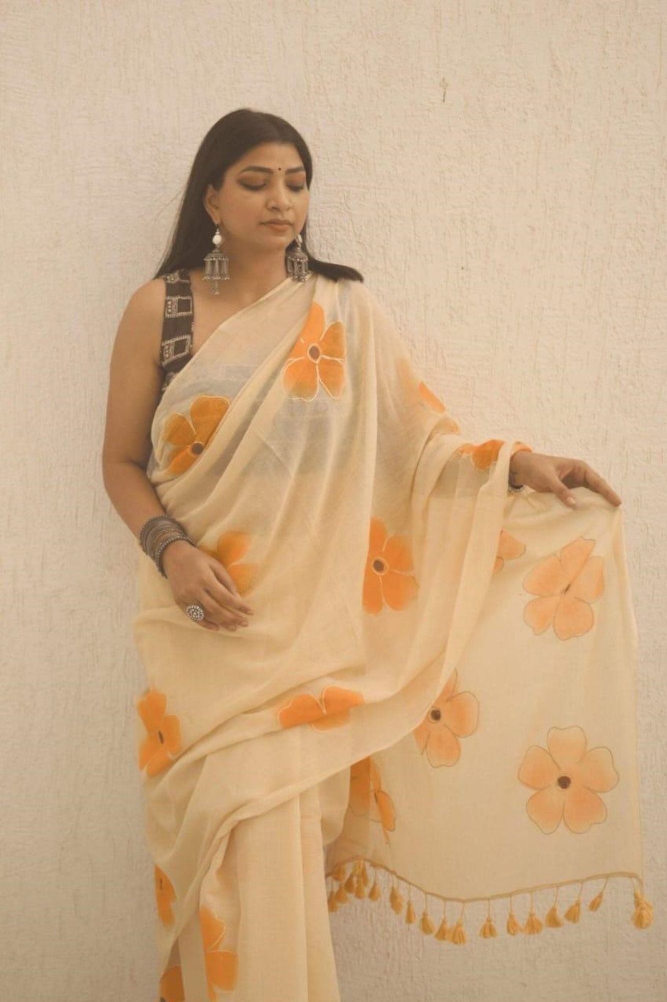 Handpainted Mulmul Cotton with Floral Prints Ready To Wear Saree