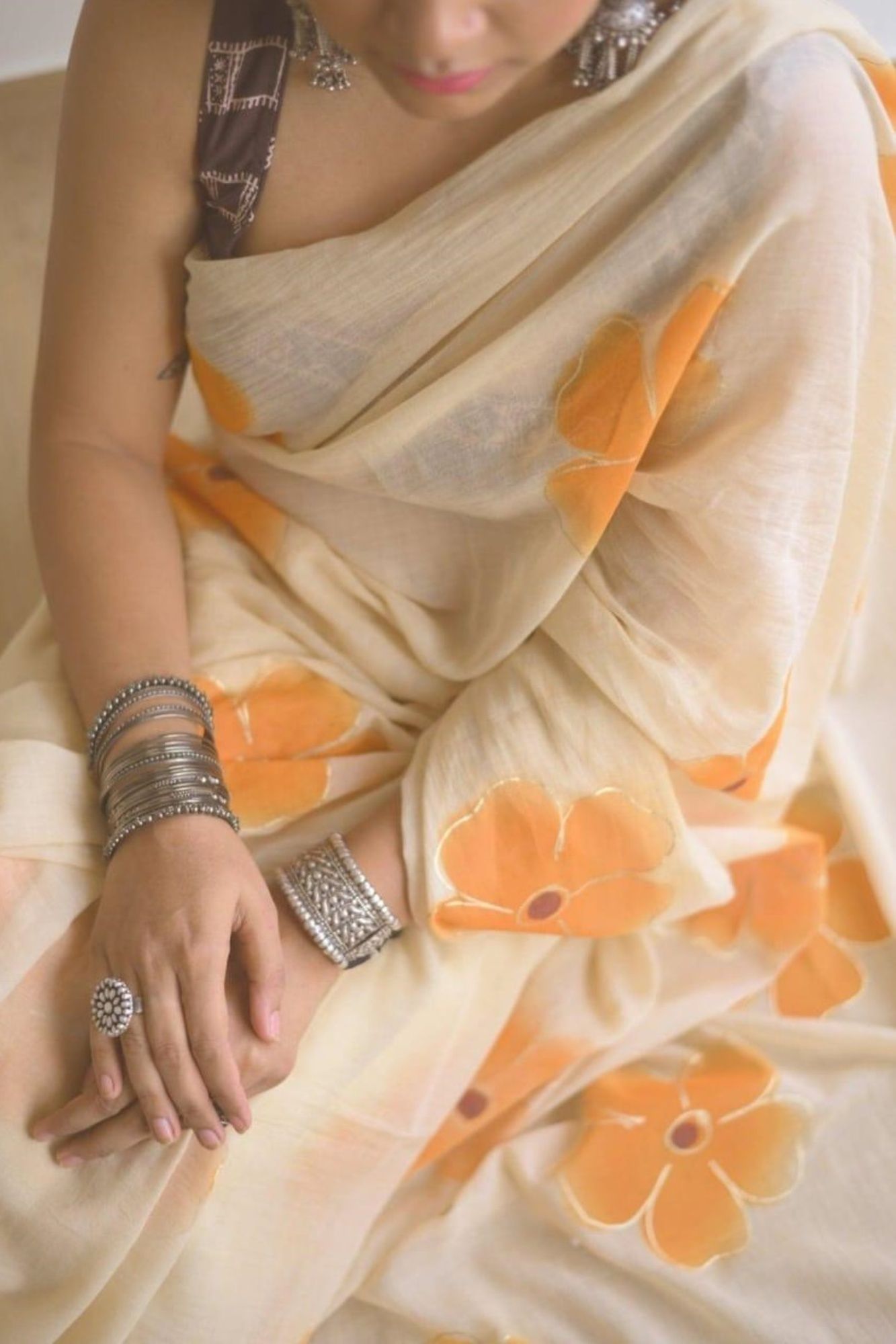 Handpainted Mulmul Cotton with Floral Prints Ready To Wear Saree