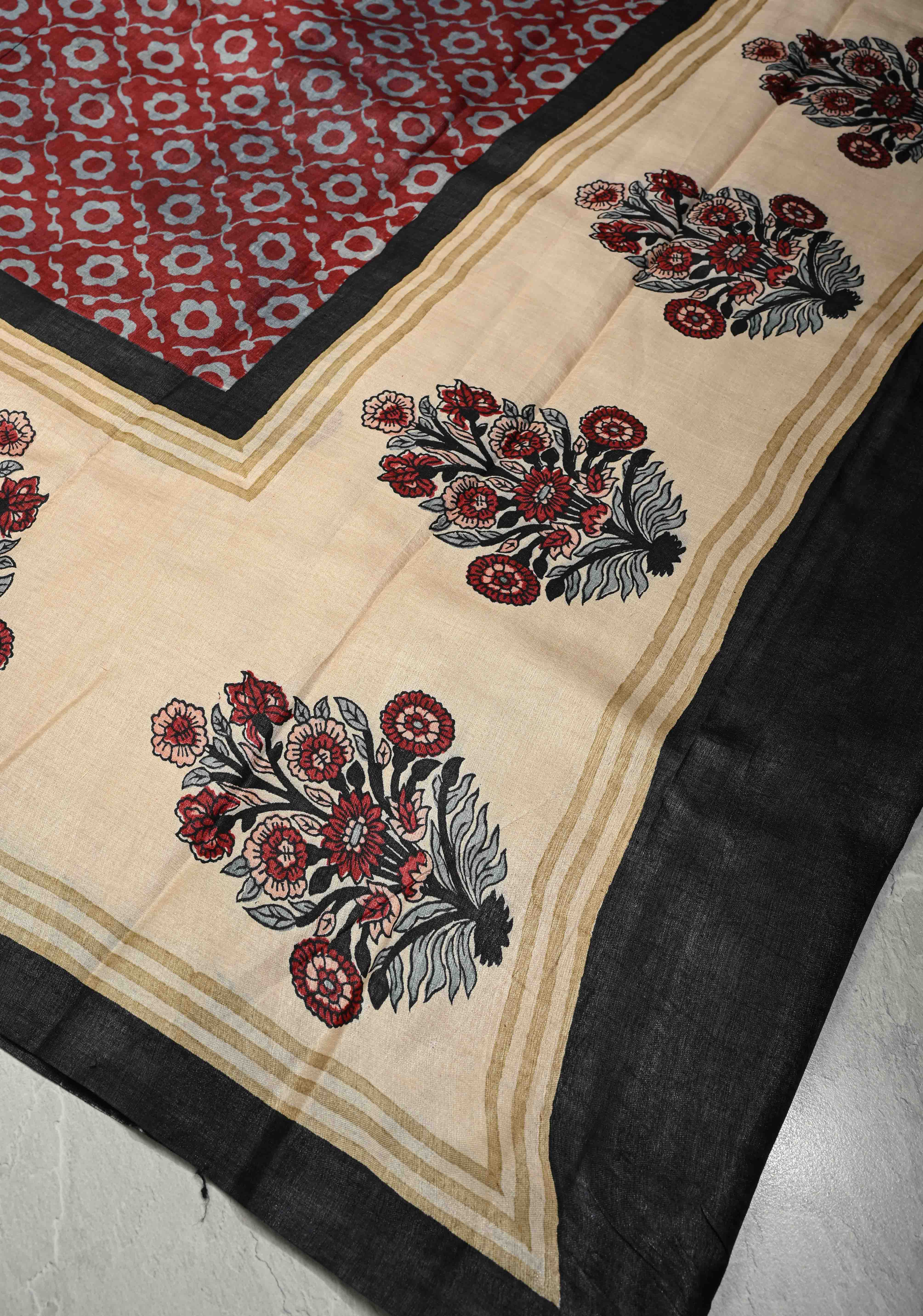 Coco Brown Pure Handloom Tussar Silk Saree with Gulmohar Block Print and Contrast Cream Border-Pallu  | SILK MARK CERTIFIED | Shobitam