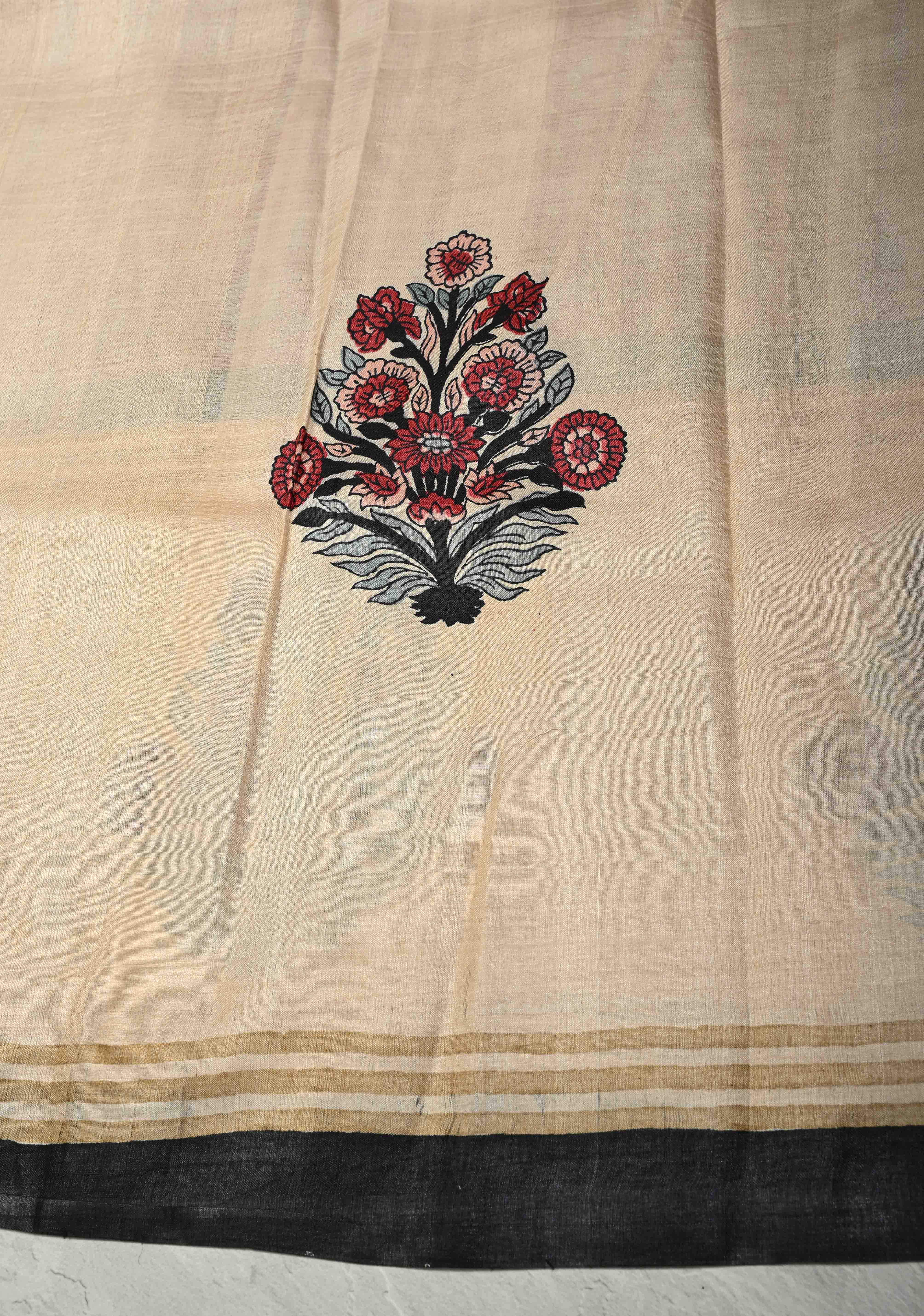 Coco Brown Pure Handloom Tussar Silk Saree with Gulmohar Block Print and Contrast Cream Border-Pallu  | SILK MARK CERTIFIED | Shobitam