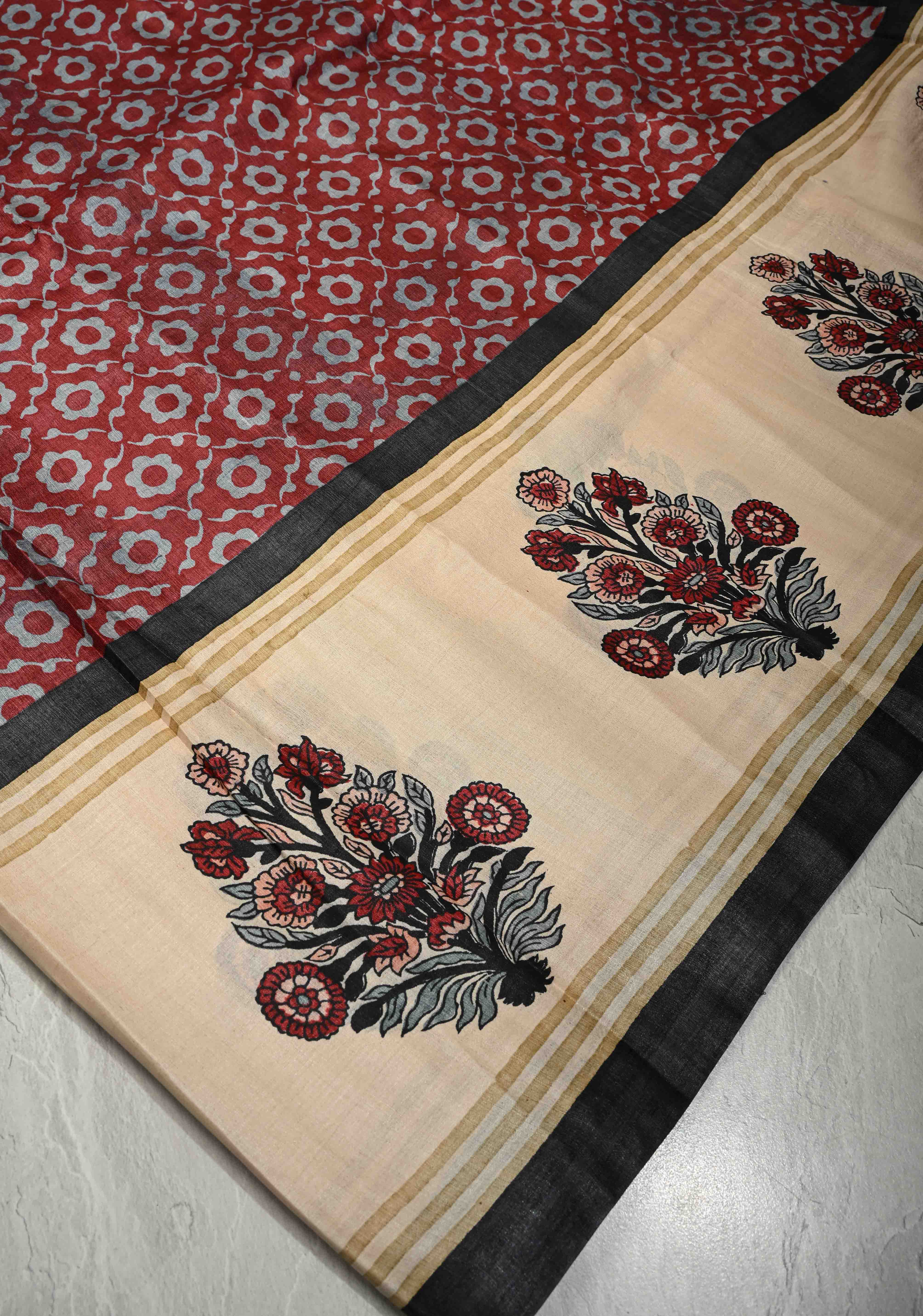 Coco Brown Pure Handloom Tussar Silk Saree with Gulmohar Block Print and Contrast Cream Border-Pallu  | SILK MARK CERTIFIED | Shobitam