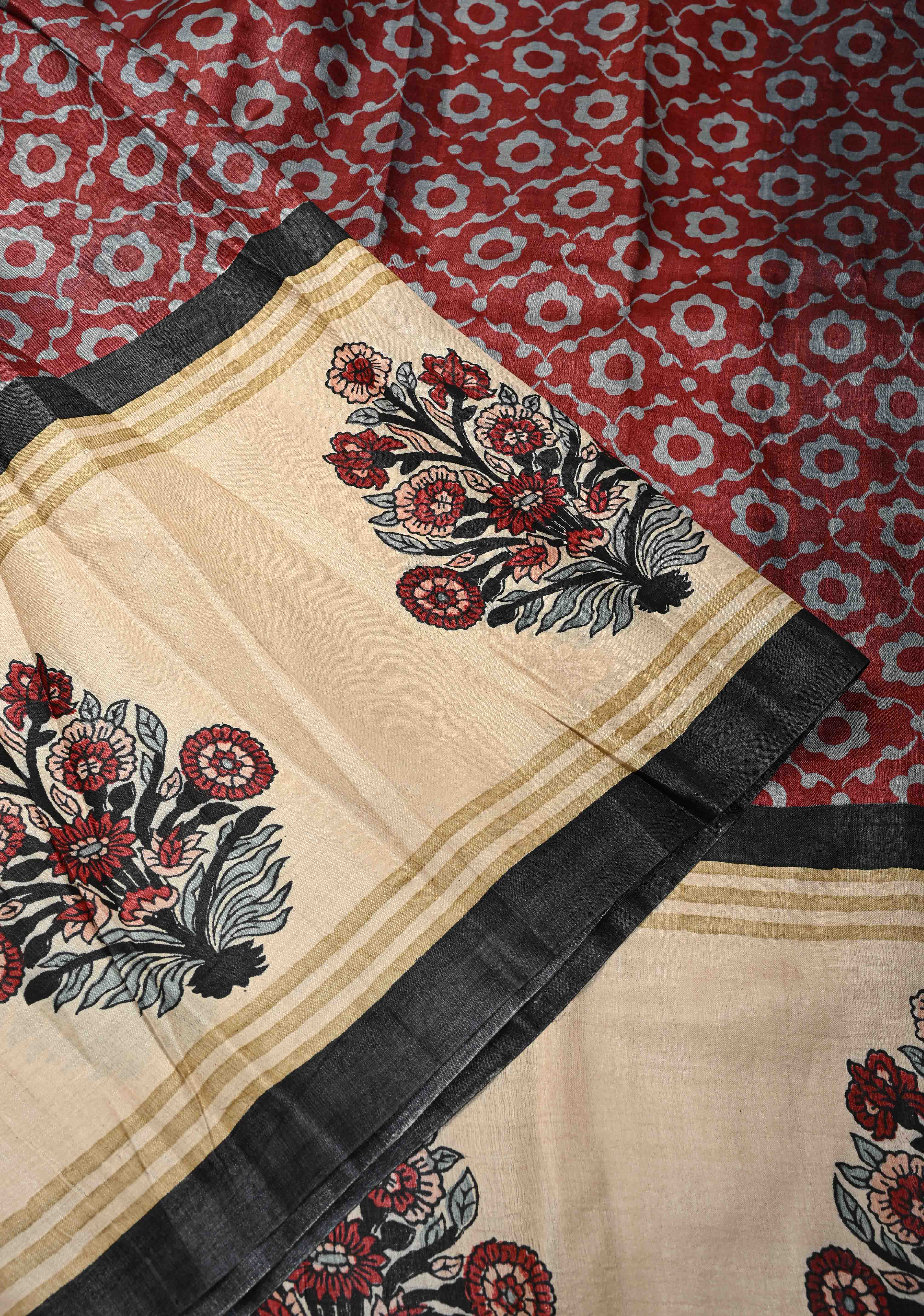 Coco Brown Pure Handloom Tussar Silk Saree with Gulmohar Block Print and Contrast Cream Border-Pallu  | SILK MARK CERTIFIED | Shobitam