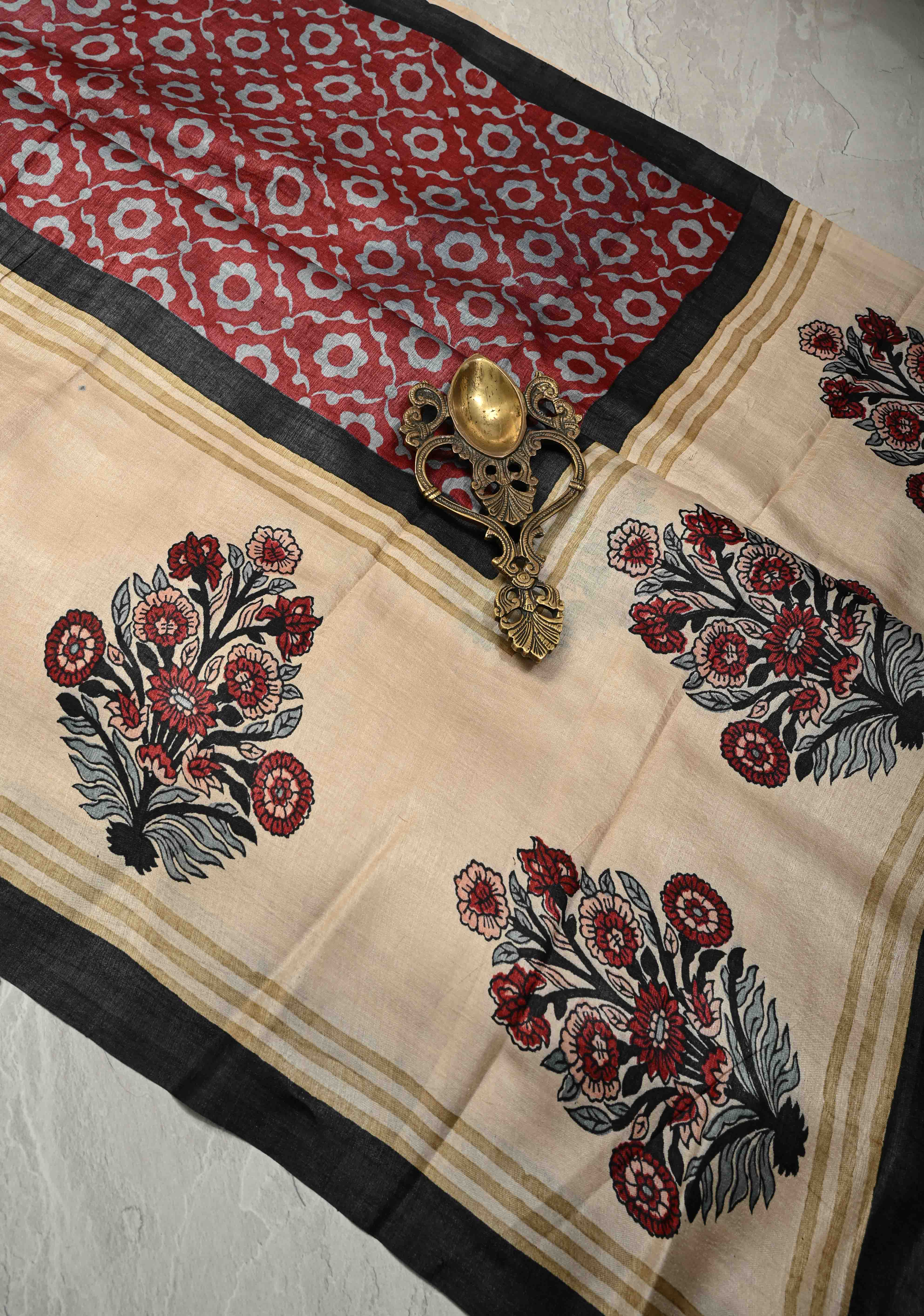 Coco Brown Pure Handloom Tussar Silk Saree with Gulmohar Block Print and Contrast Cream Border-Pallu  | SILK MARK CERTIFIED | Shobitam