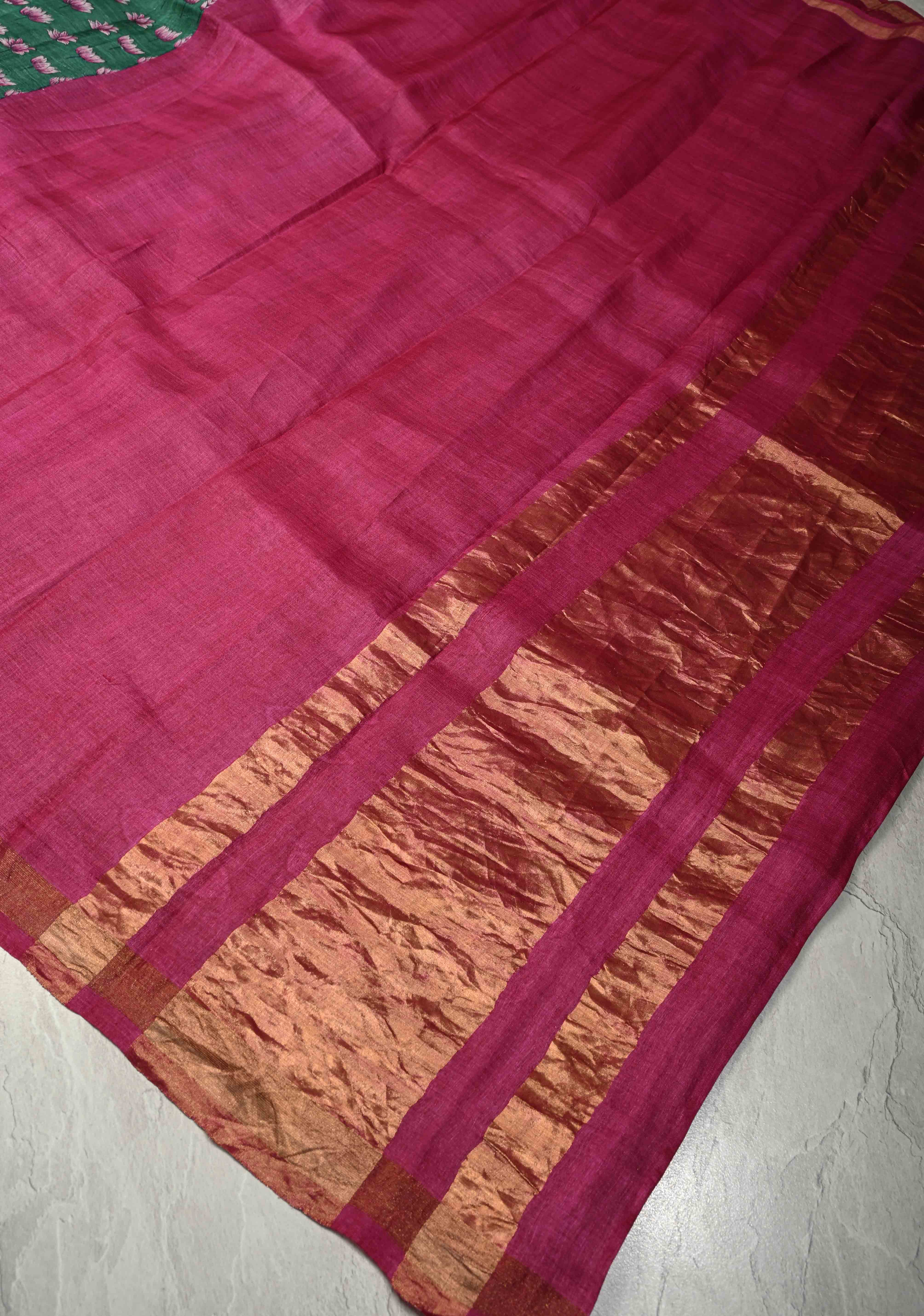Cactus Green Pure Handloom Tussar Silk saree with Hand Block Print with Contrast Minimal Zari Border | SILK MARK CERTIFIED | Shobitam