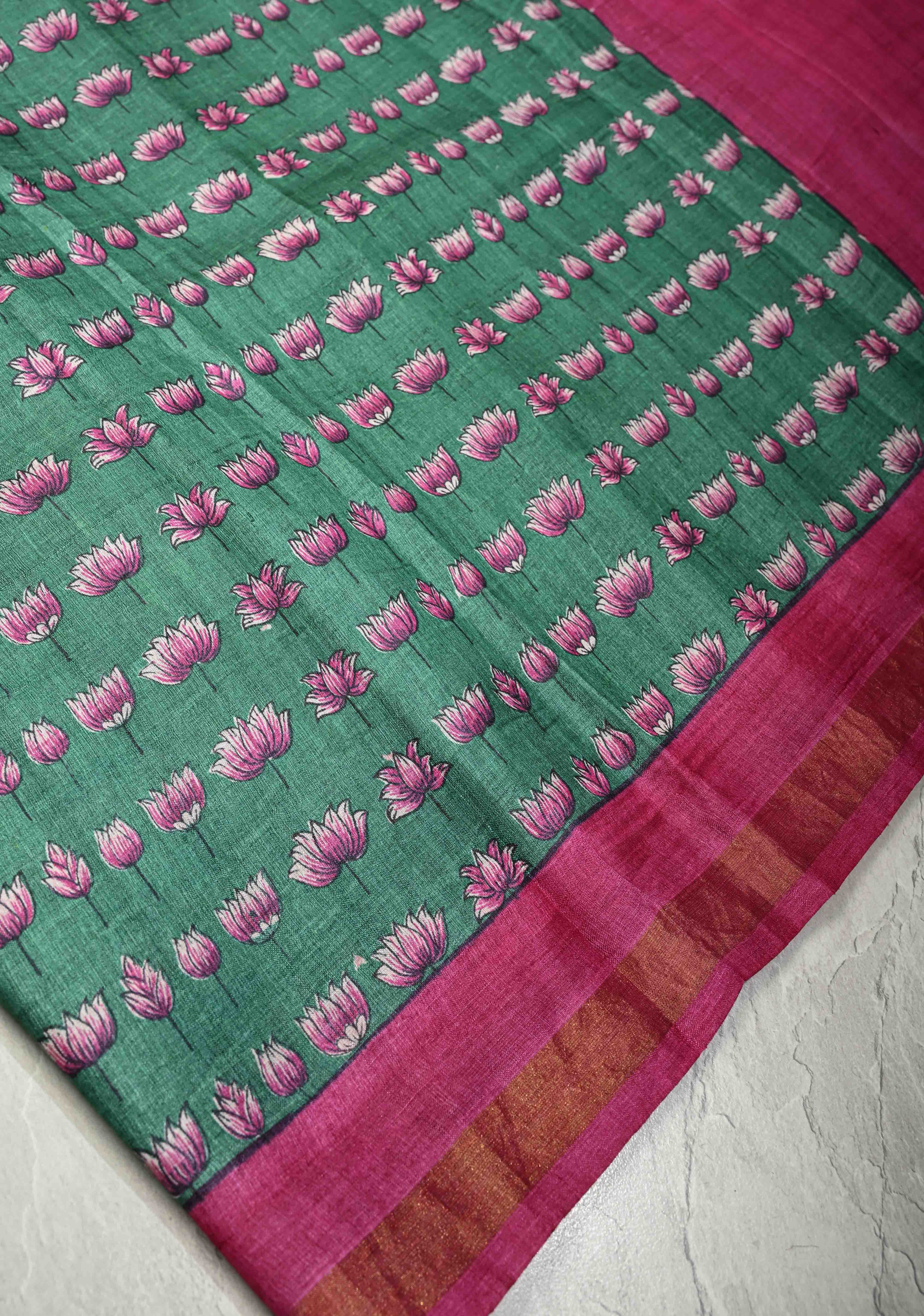 Cactus Green Pure Handloom Tussar Silk saree with Hand Block Print with Contrast Minimal Zari Border | SILK MARK CERTIFIED | Shobitam
