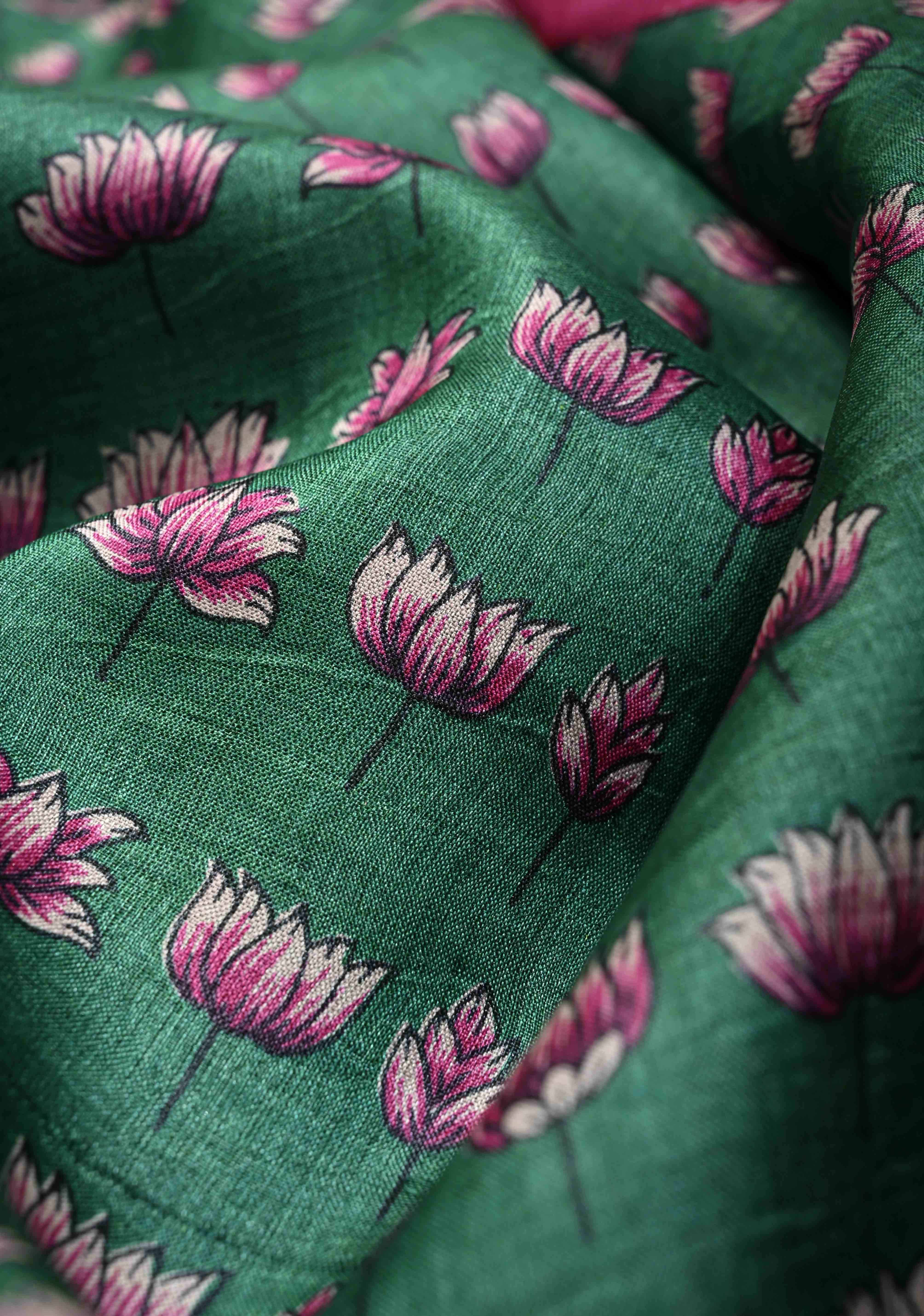 Cactus Green Pure Handloom Tussar Silk saree with Hand Block Print with Contrast Minimal Zari Border | SILK MARK CERTIFIED | Shobitam