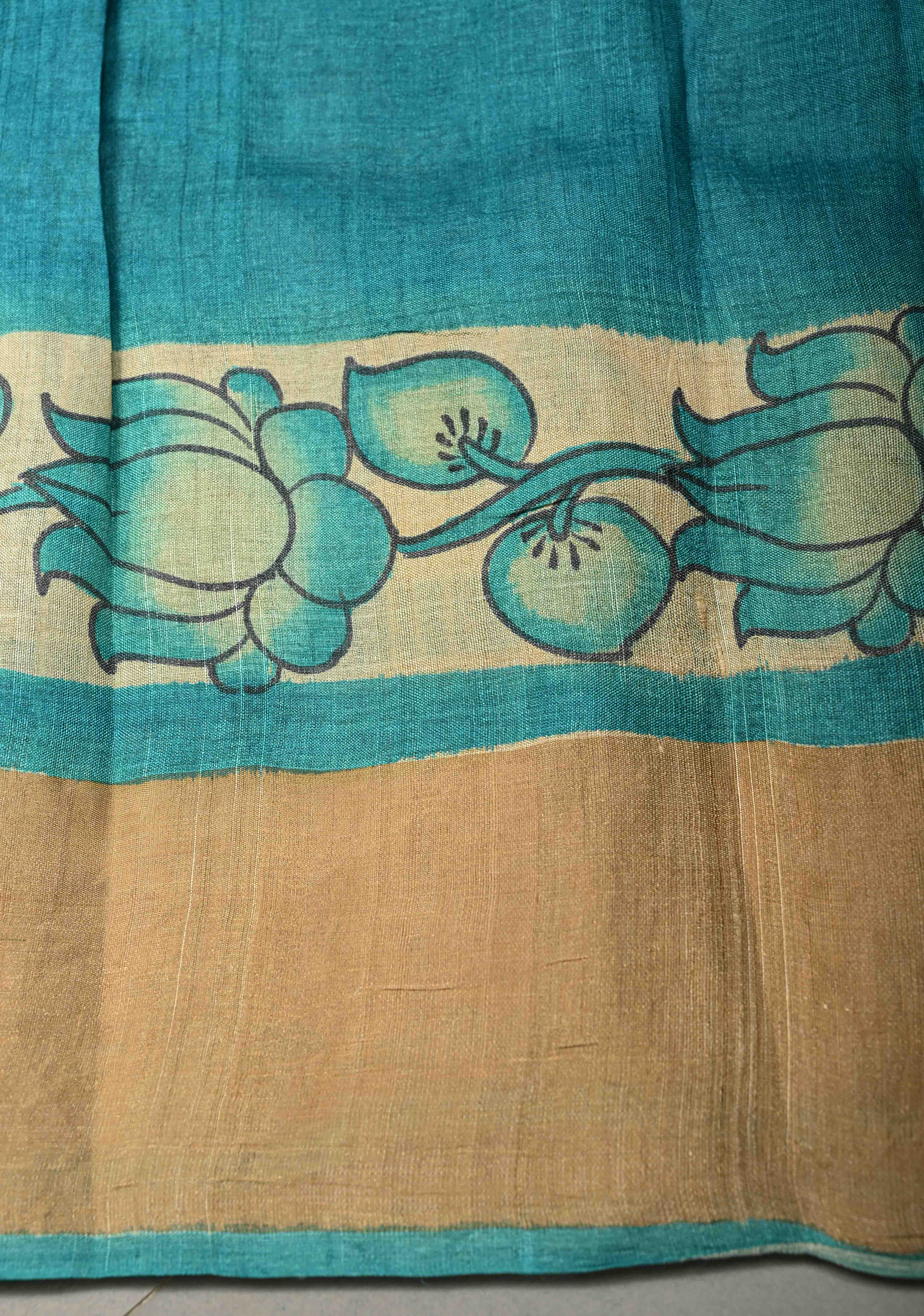 Beige Jari Tussar Saree with Floral Kalamkari Hand Painted and Zari Border | SILK MARK CERTIFIED | Shobitam
