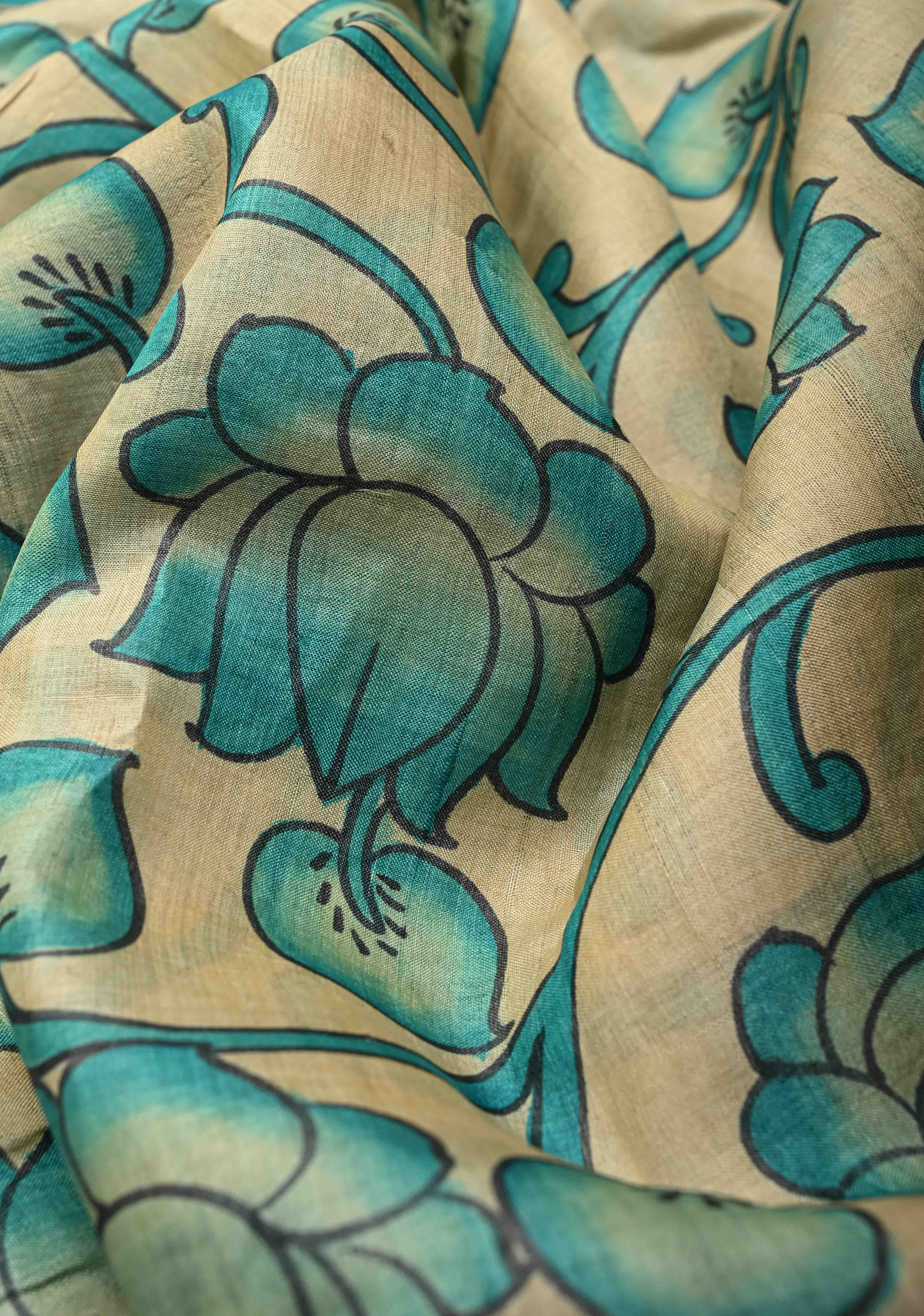 Beige Jari Tussar Saree with Floral Kalamkari Hand Painted and Zari Border | SILK MARK CERTIFIED | Shobitam