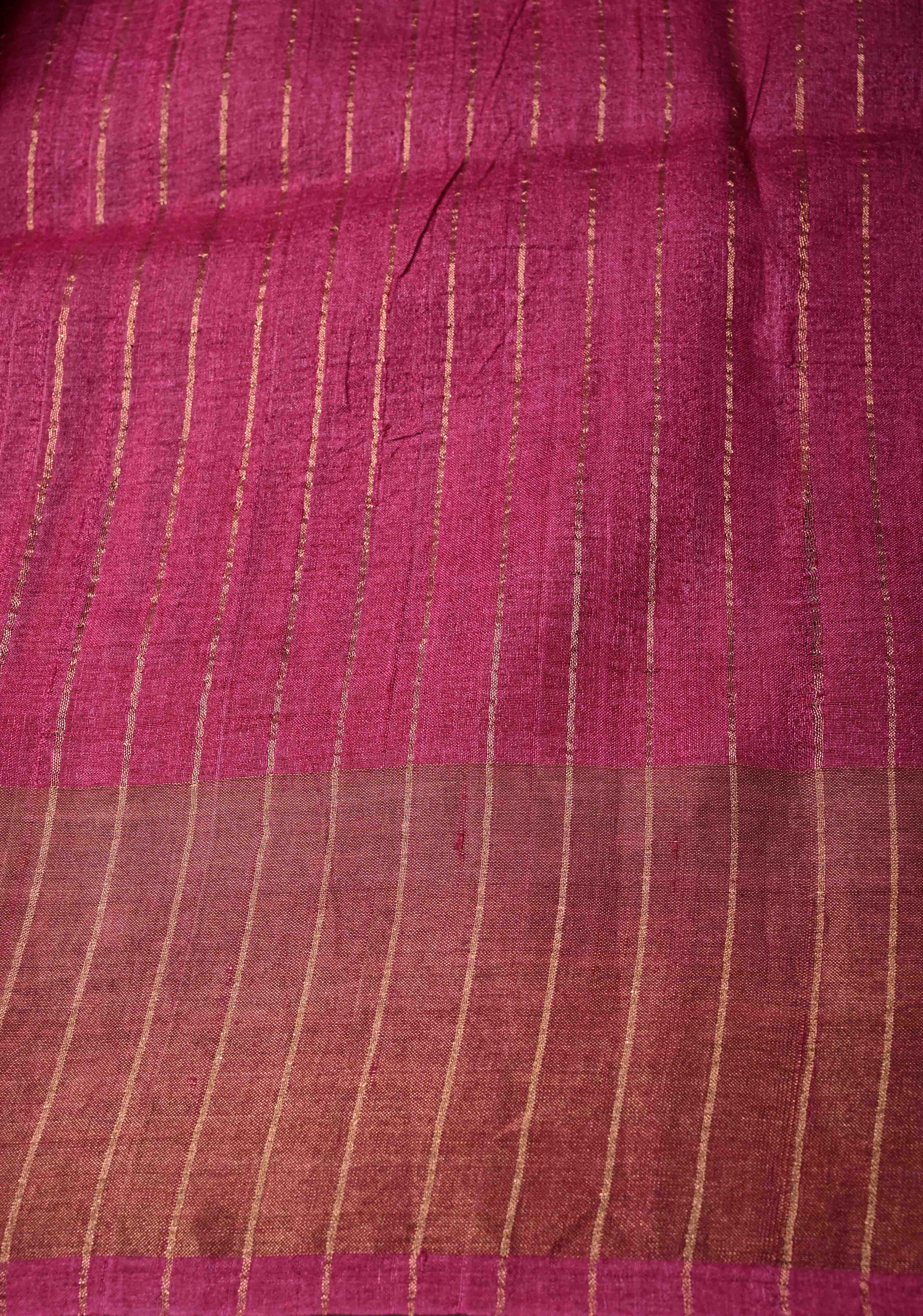 Black-Beige Jari Tussar Silk Saree with Hand block Stripes Pattern and Zari Border | SILK MARK CERTIFIED | Shobitam