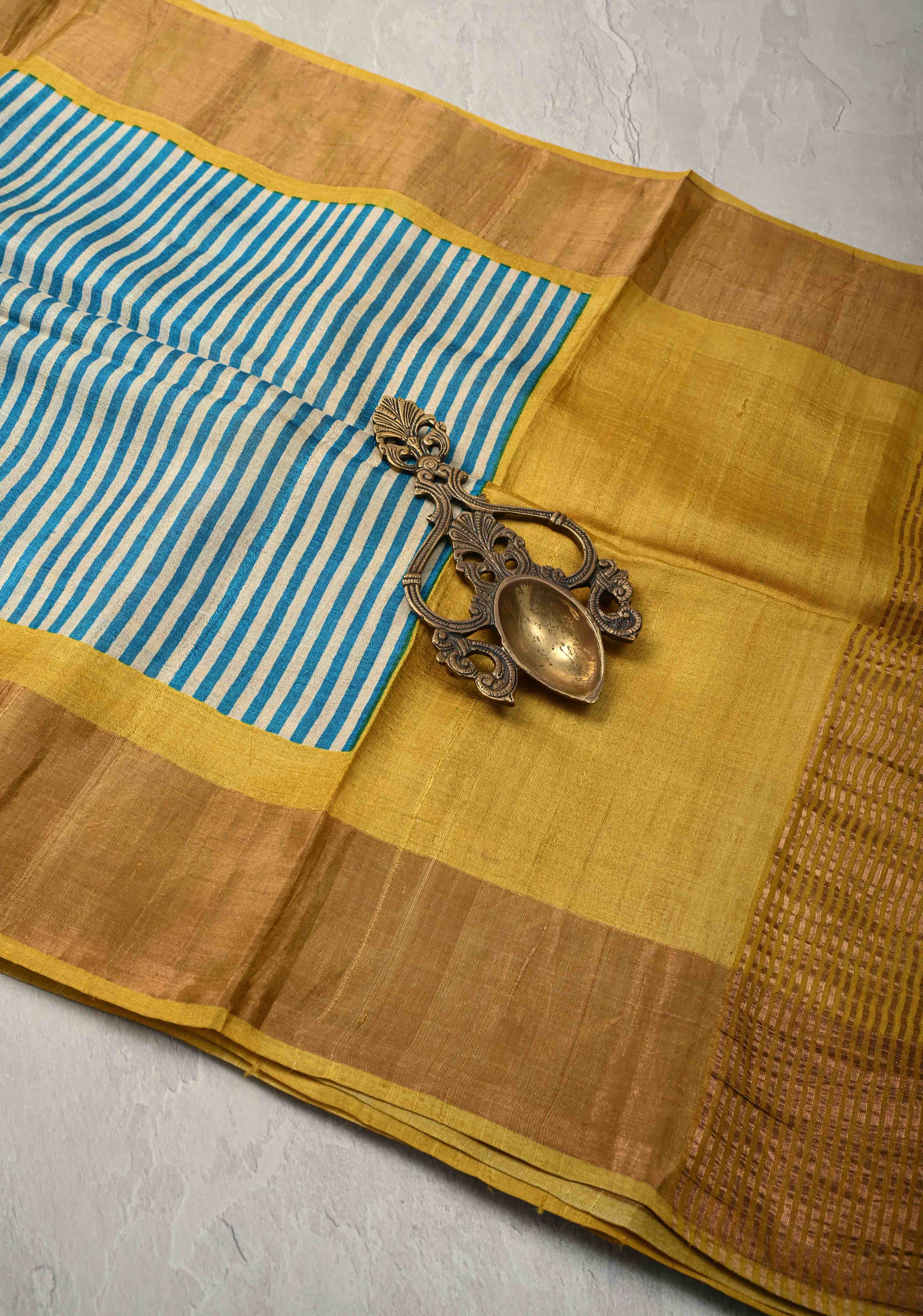 Beige-Blue Jari Tussar Silk Saree with Handblock Stripes and Zari Border | SILK MARK CERTIFIED | Shobitam