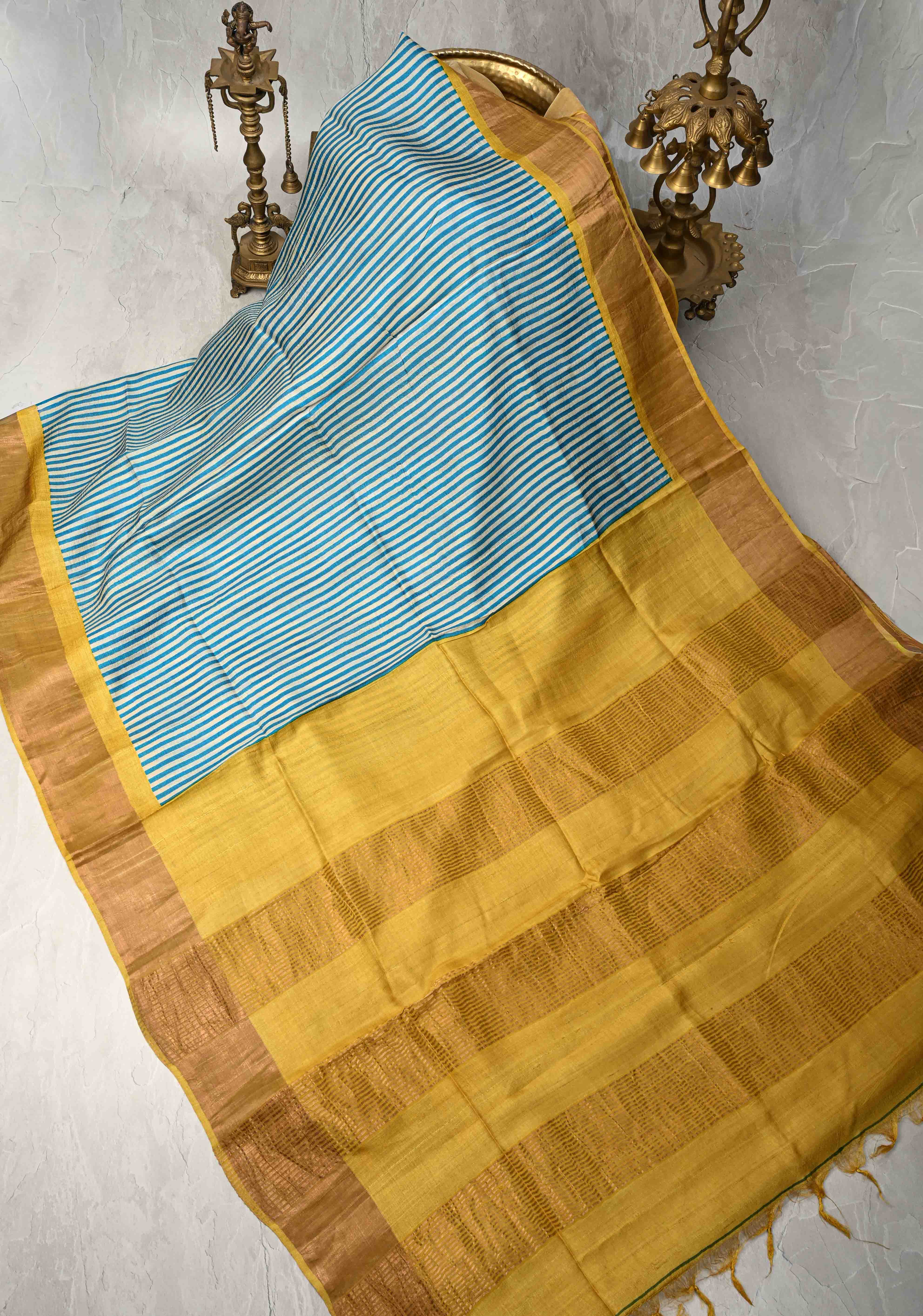 Beige-Blue Jari Tussar Silk Saree with Handblock Stripes and Zari Border | SILK MARK CERTIFIED | Shobitam