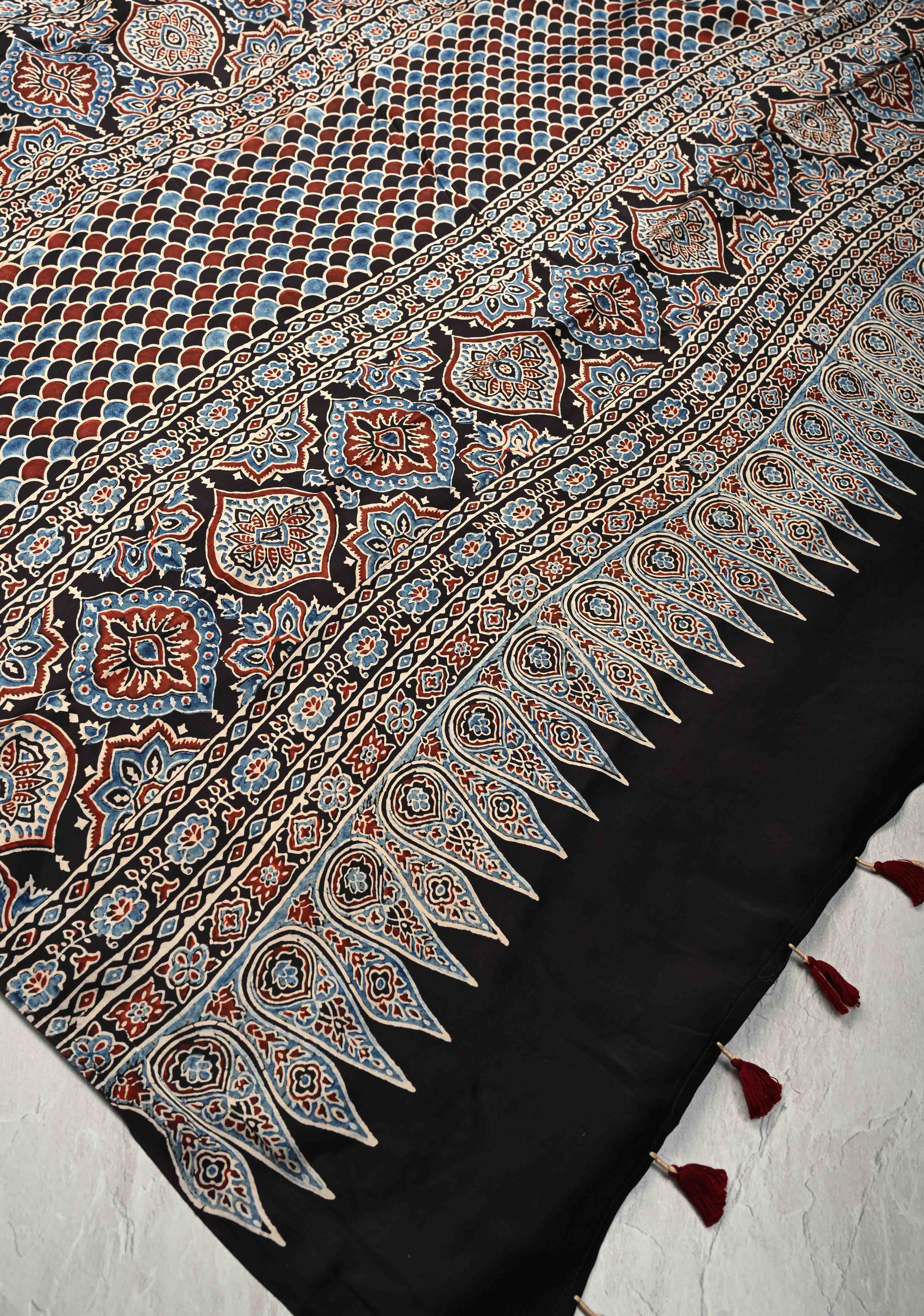 Black Hand Block Print on Modal Silk Saree with Ajrakh Pallu | Shobitam