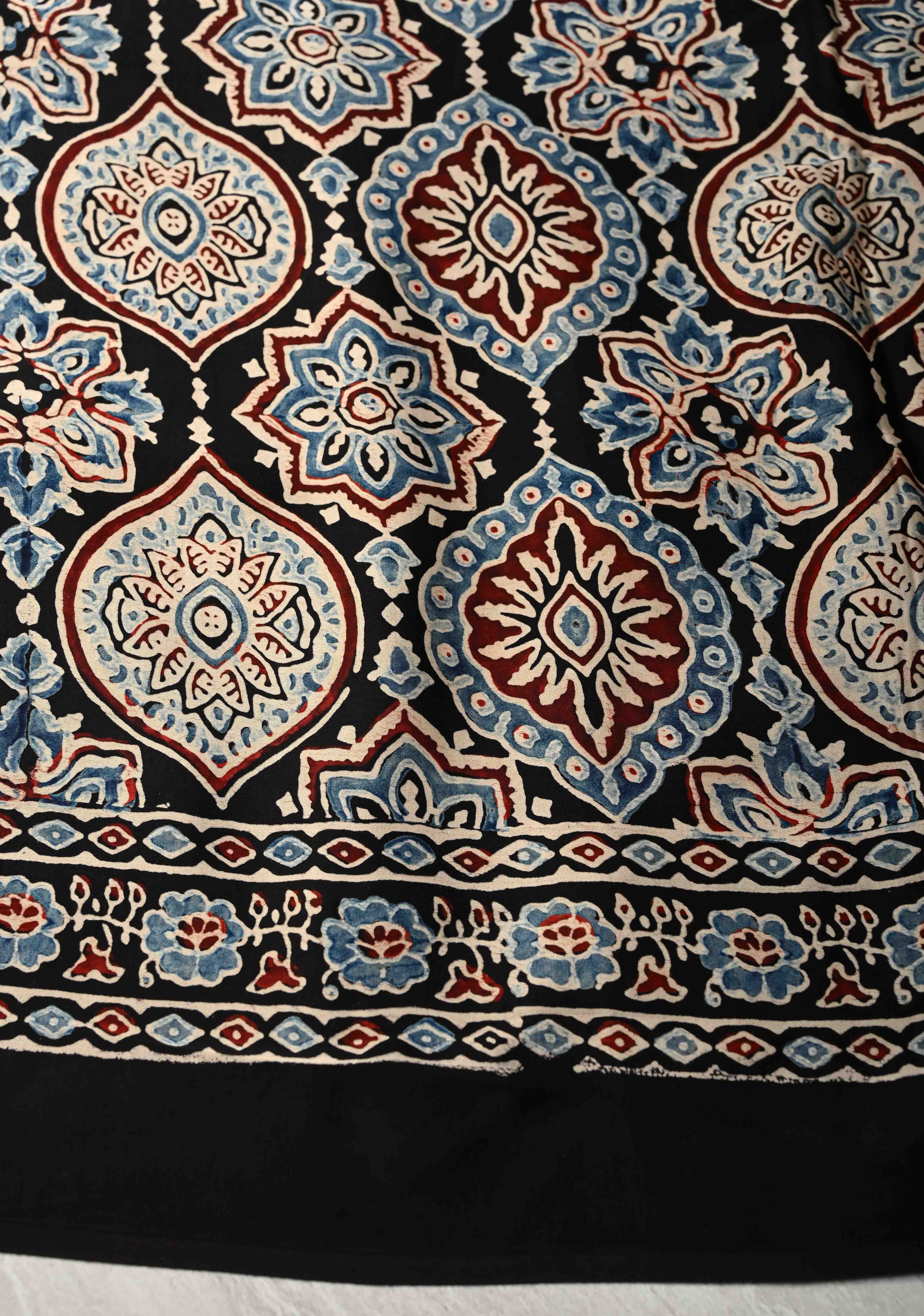 Black Hand Block Print on Modal Silk Saree with Ajrakh Pallu | Shobitam