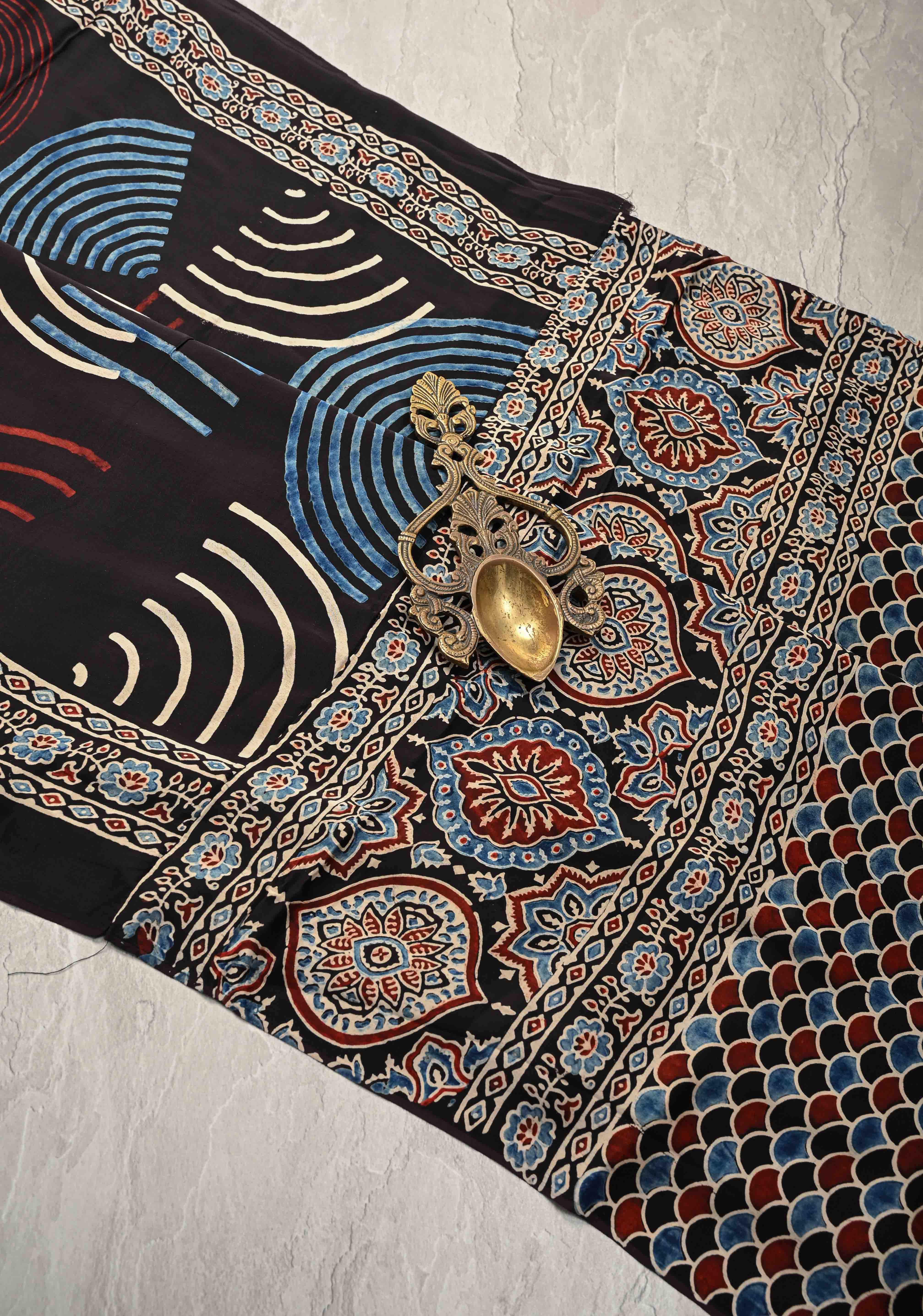 Black Hand Block Print on Modal Silk Saree with Ajrakh Pallu | Shobitam