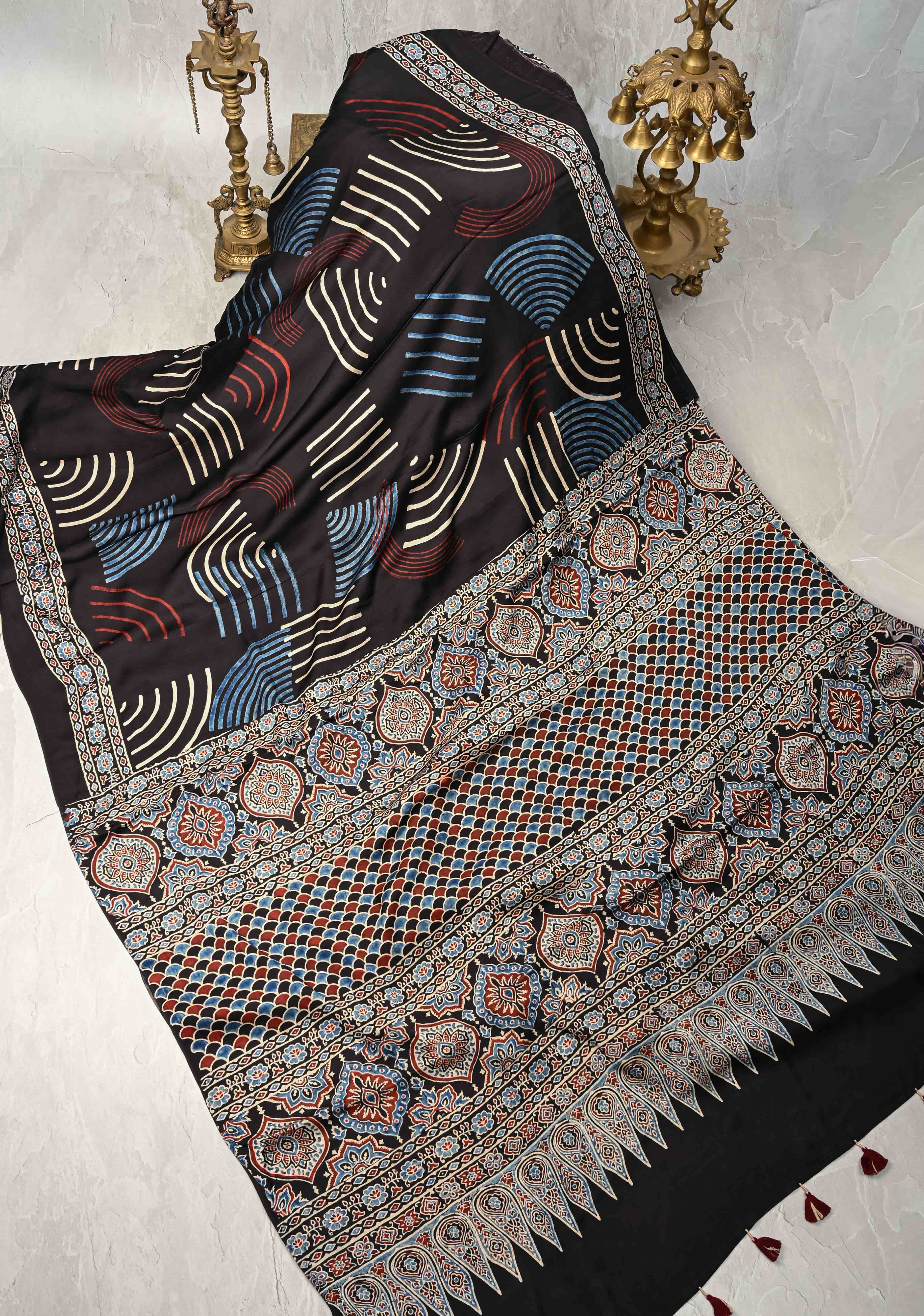 Black Hand Block Print on Modal Silk Saree with Ajrakh Pallu | Shobitam
