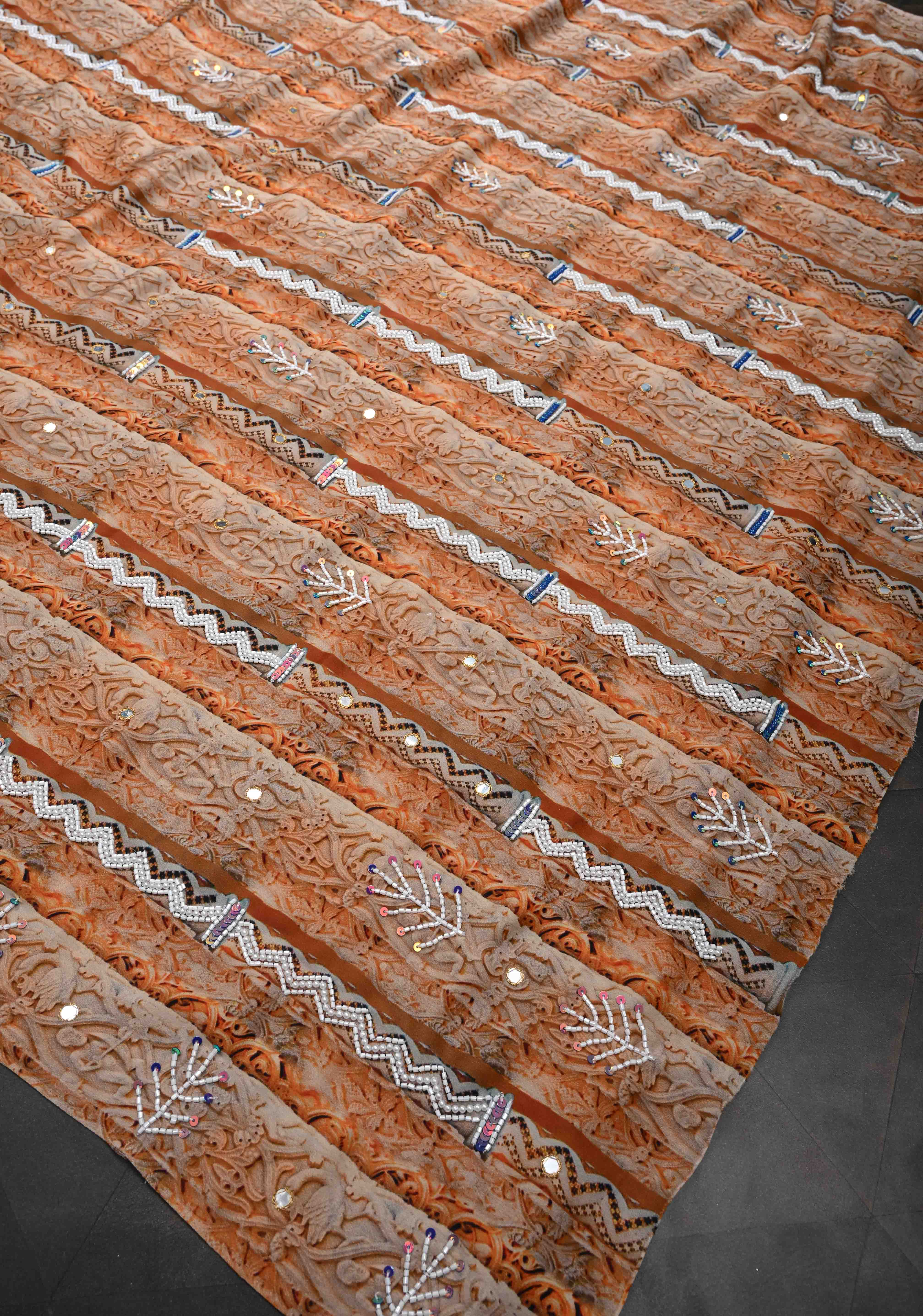 Beige and Peach Crepe Georgette Silk Saree with digital Print, Sequins, Cutdana, Mirror and Moti Beads Detailing | Shobitam