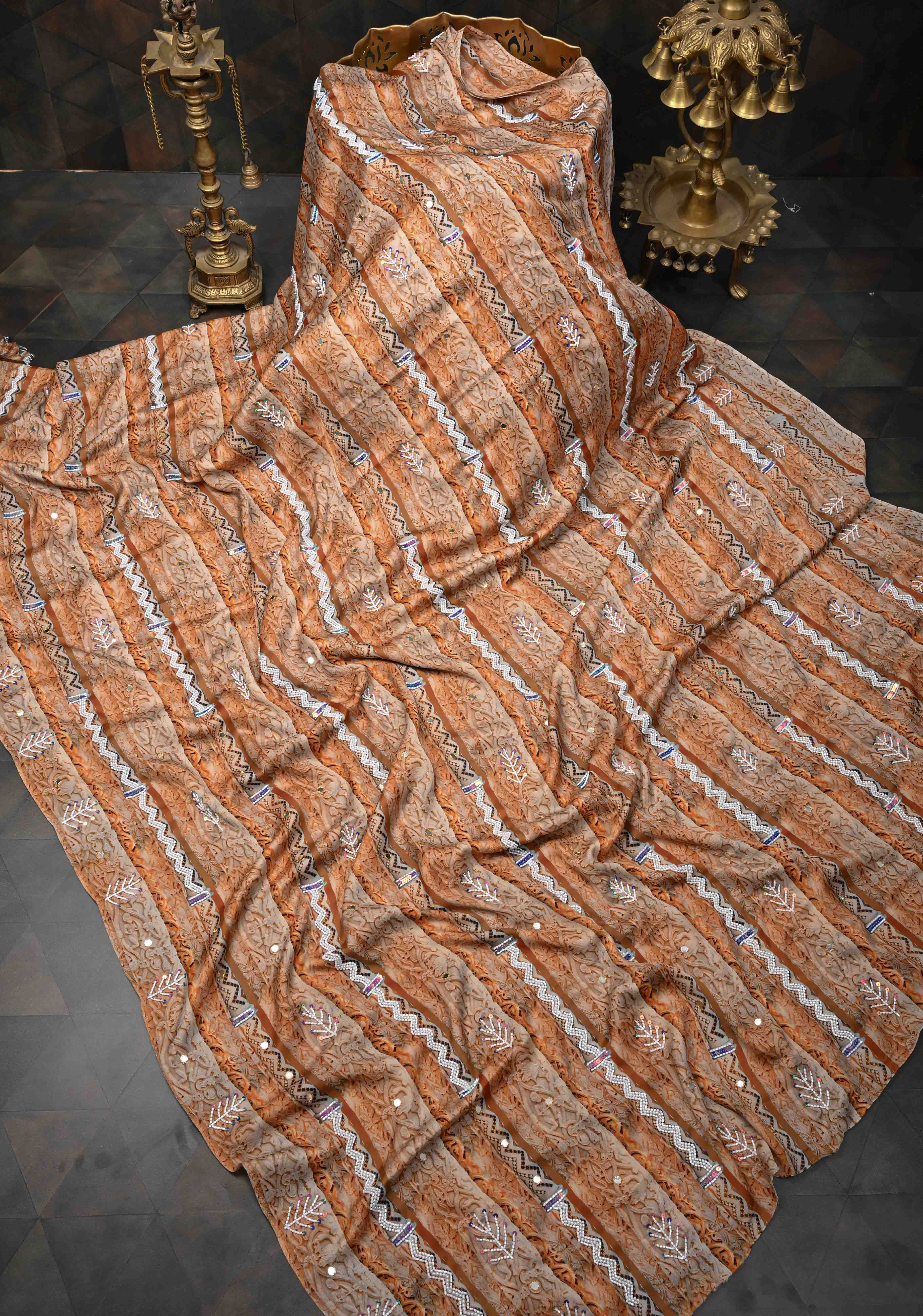 Beige and Peach Crepe Georgette Silk Saree with digital Print, Sequins, Cutdana, Mirror and Moti Beads Detailing | Shobitam