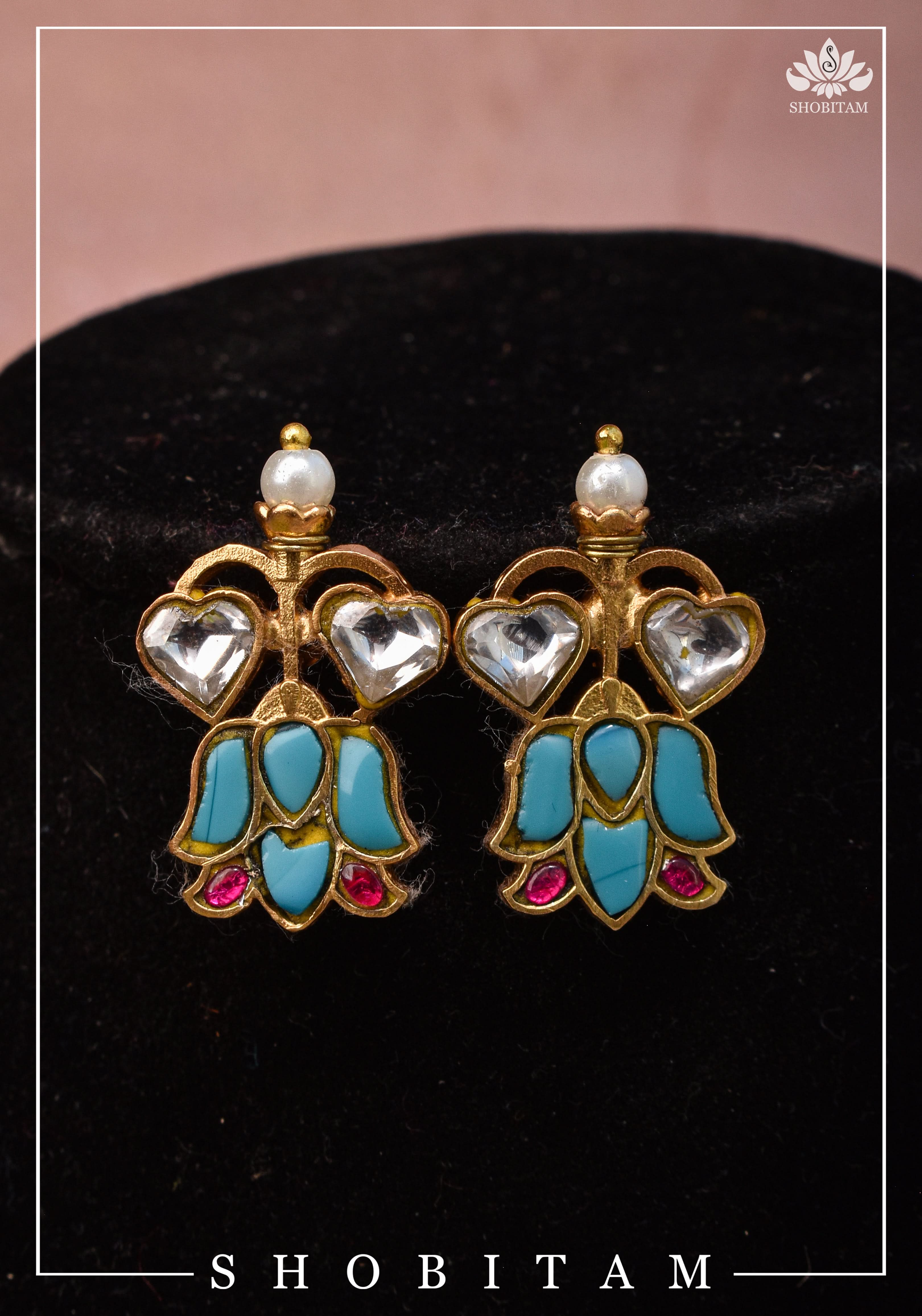 Grayish Teal Falling Lotus Design Falling Lotus design Jadau Necklace Set | SHOBITAM