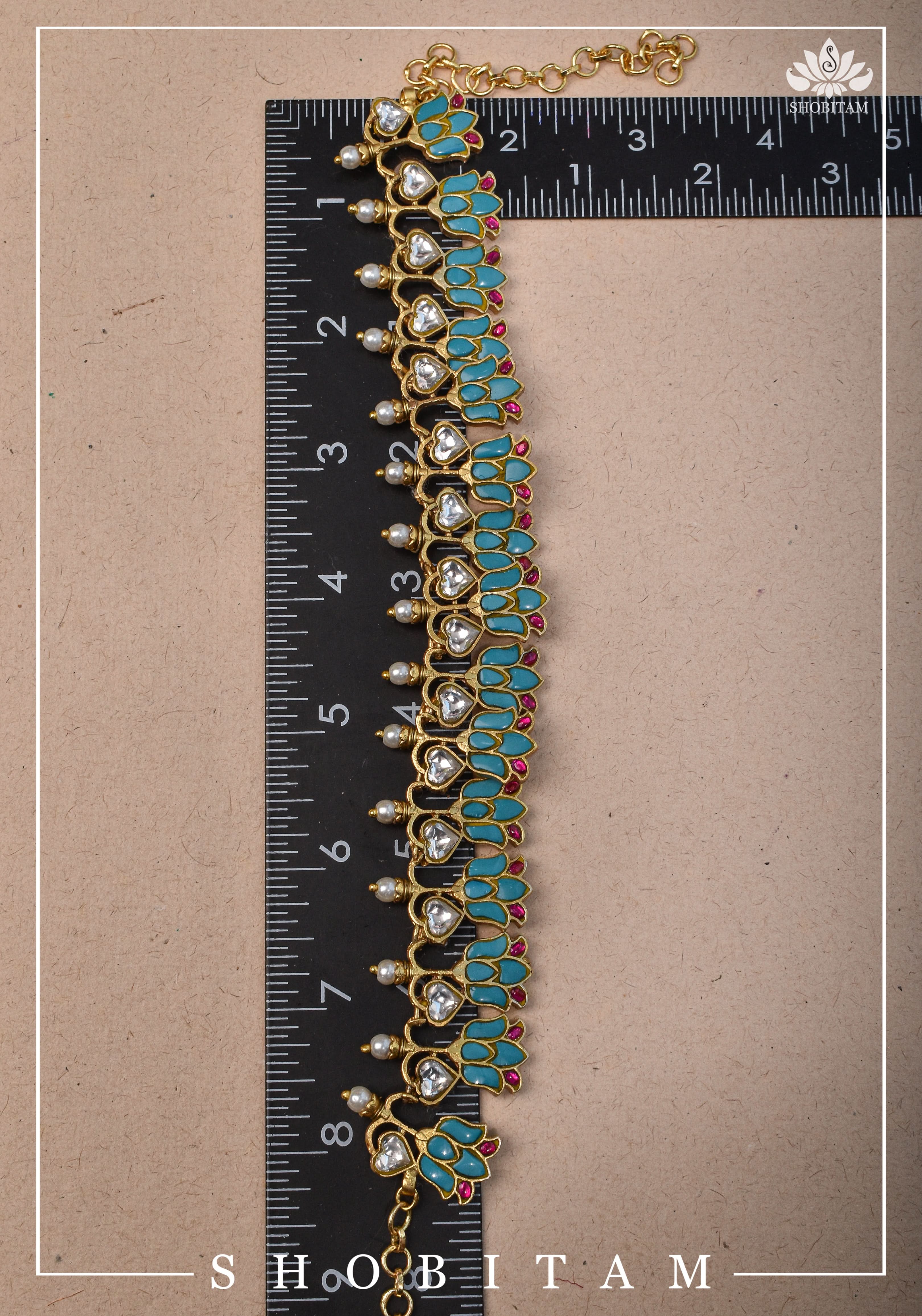 Grayish Teal Falling Lotus Design Falling Lotus design Jadau Necklace Set | SHOBITAM