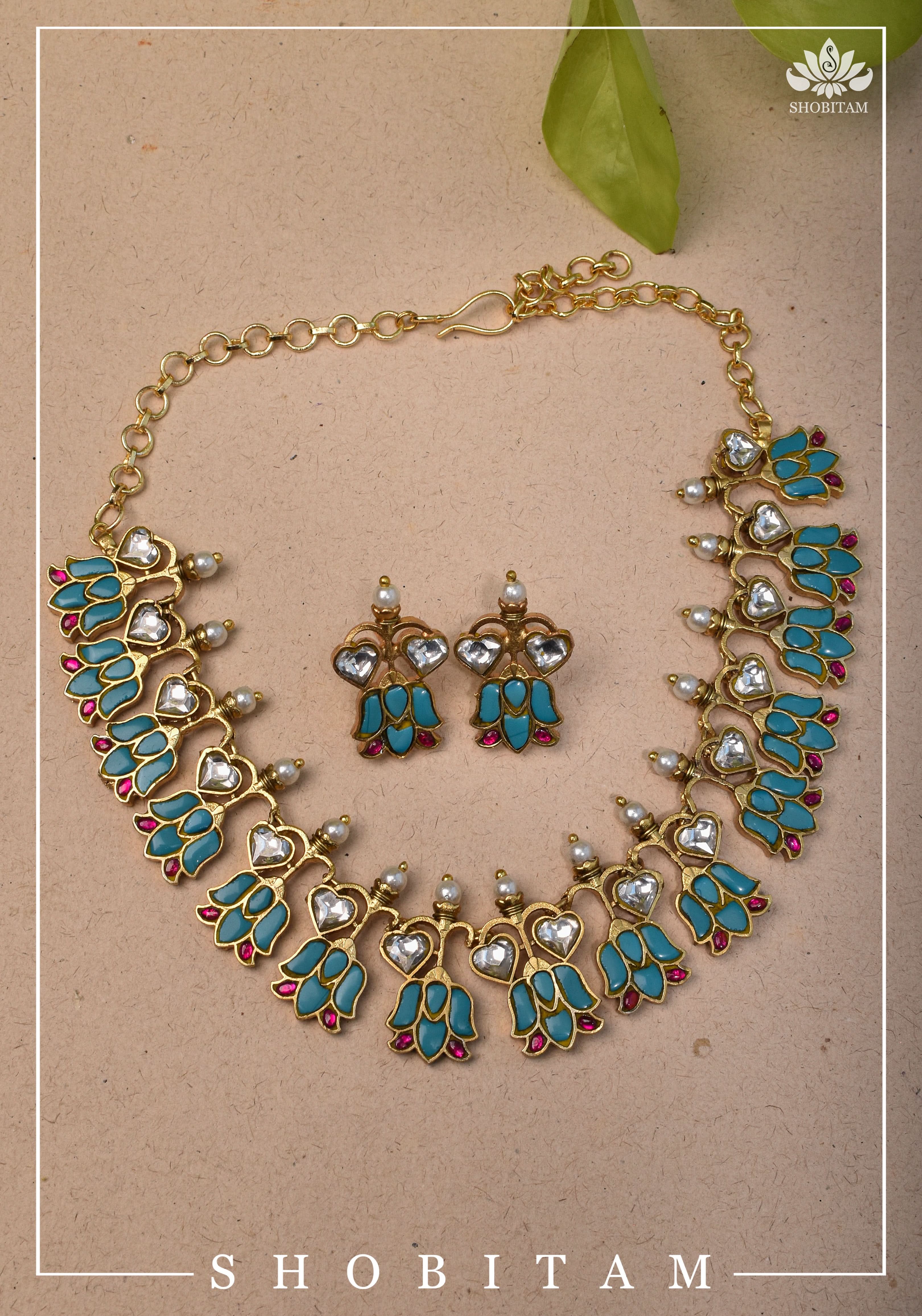 Grayish Teal Falling Lotus Design Falling Lotus design Jadau Necklace Set | SHOBITAM