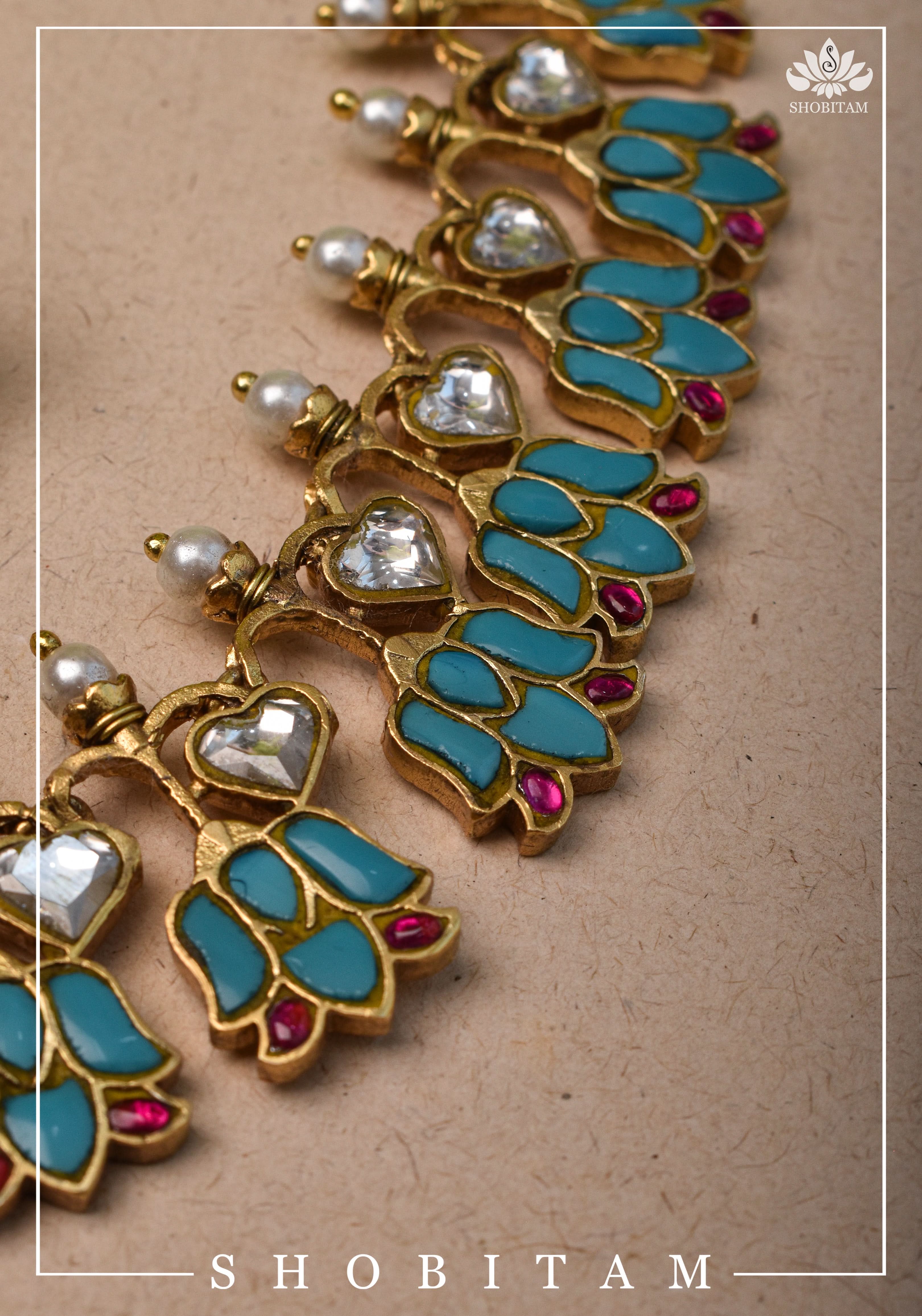 Grayish Teal Falling Lotus Design Falling Lotus design Jadau Necklace Set | SHOBITAM