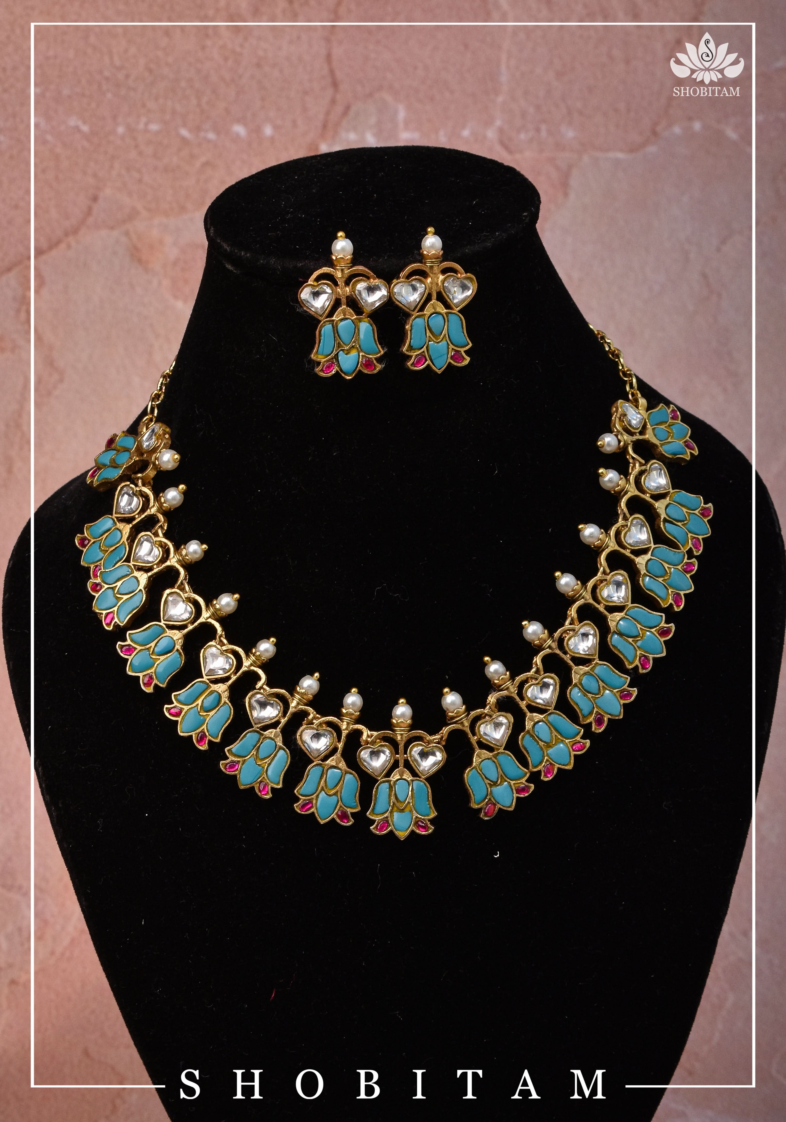 Grayish Teal Falling Lotus Design Falling Lotus design Jadau Necklace Set | SHOBITAM