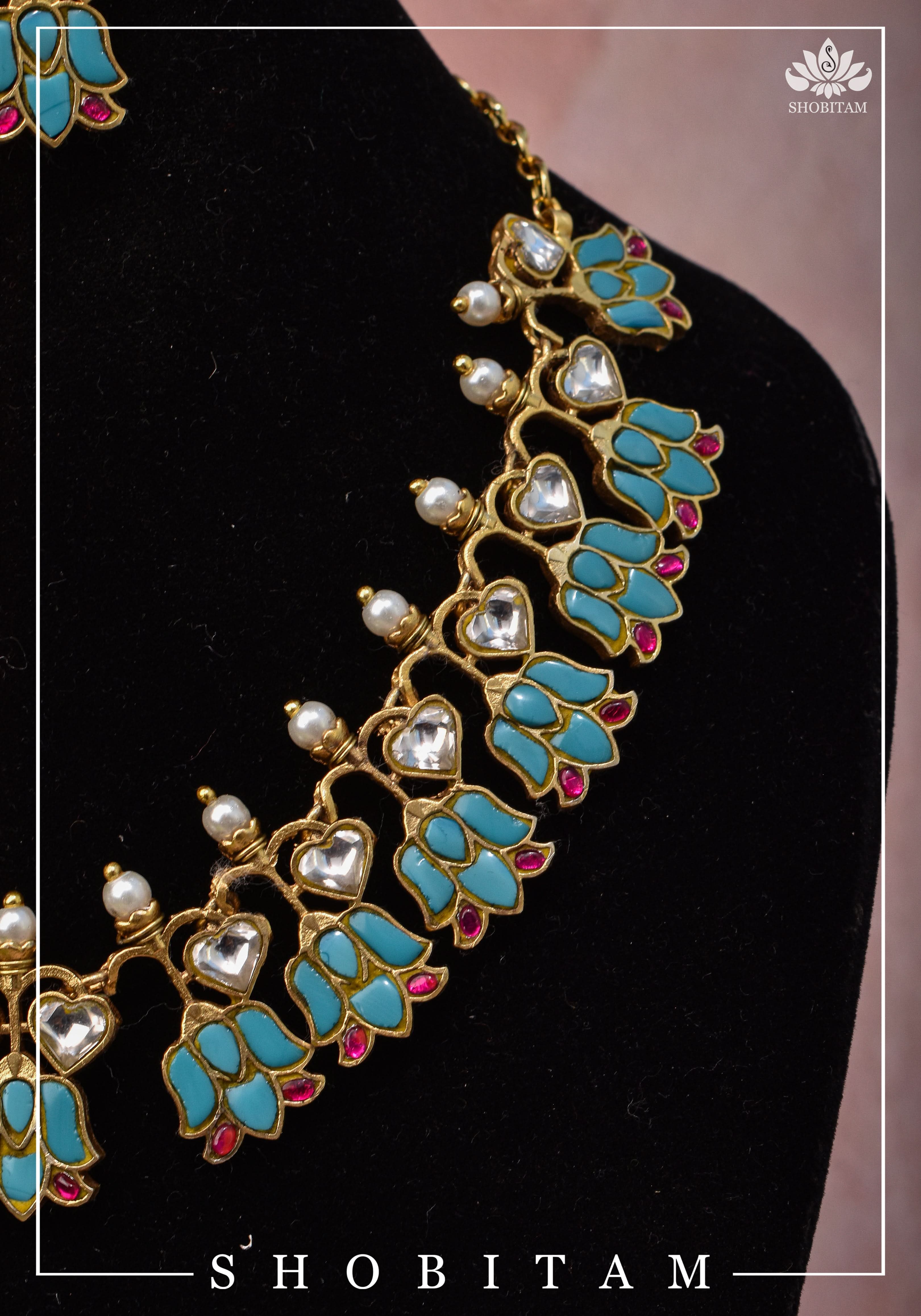 Grayish Teal Falling Lotus Design Falling Lotus design Jadau Necklace Set | SHOBITAM
