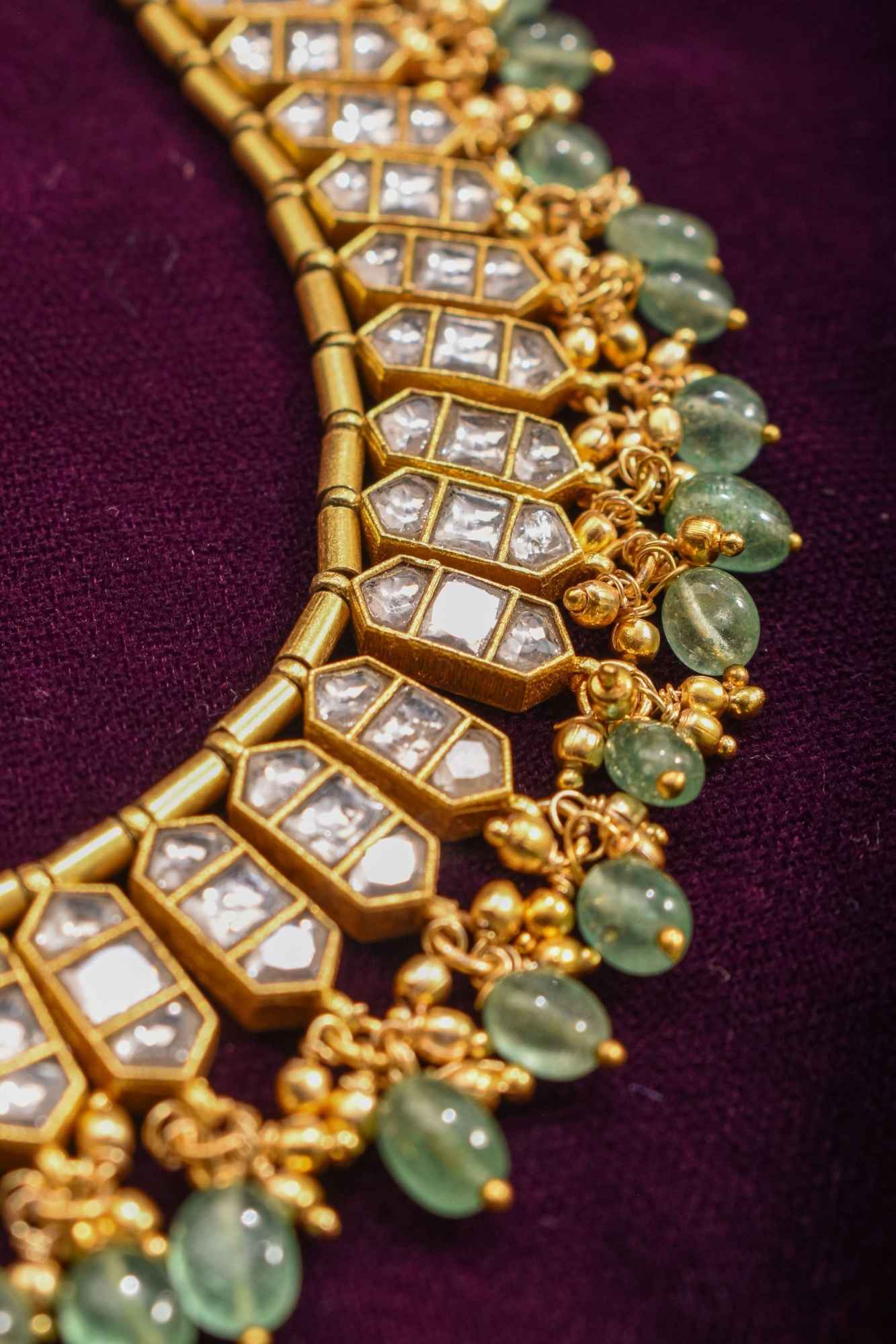 Necklace Jadau Set with White Stones and Dangling Beads Shobitam Jewelry