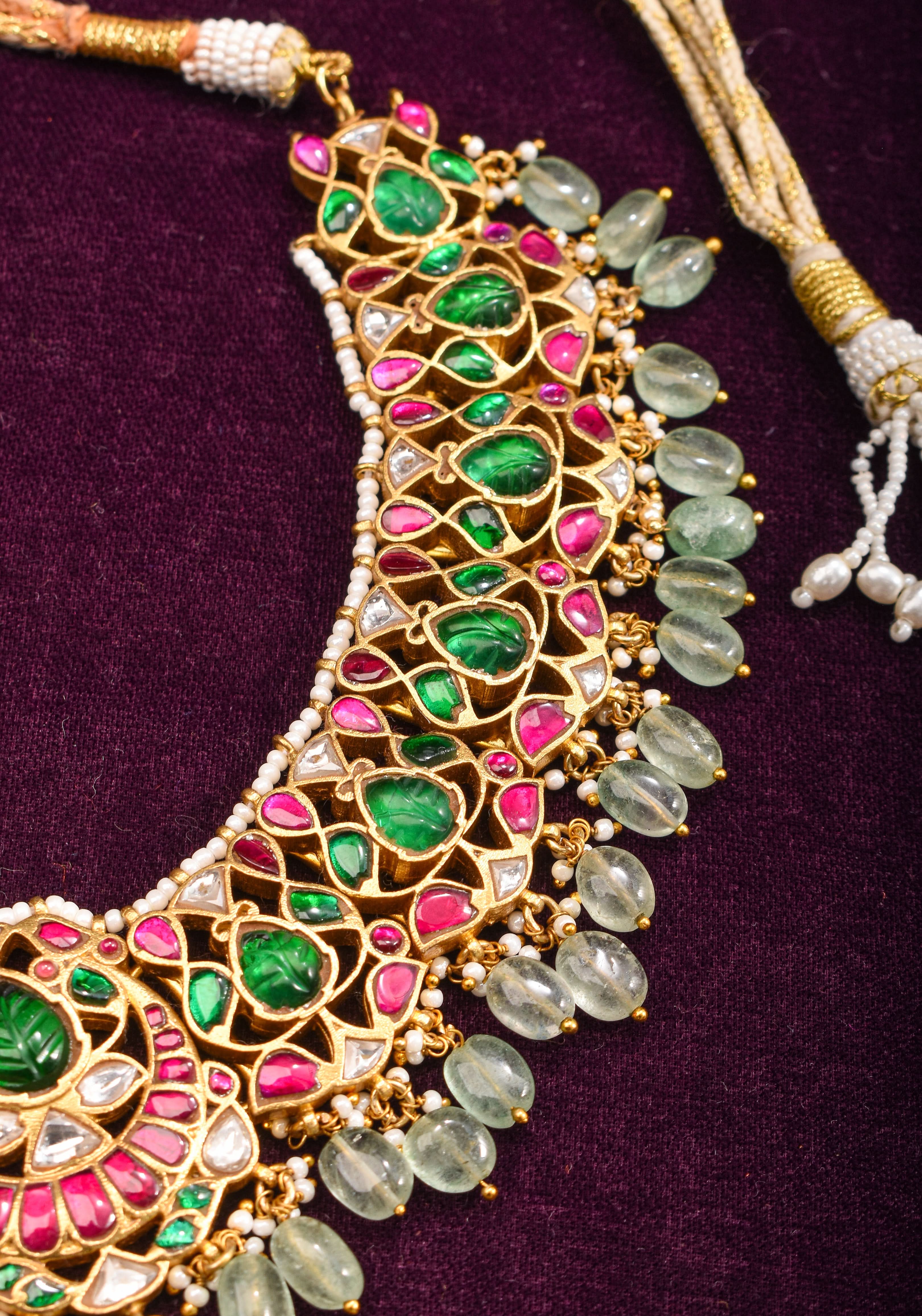 Exquisite Jadau Necklace with central pendant and sage dangling stones | SHOBITAM