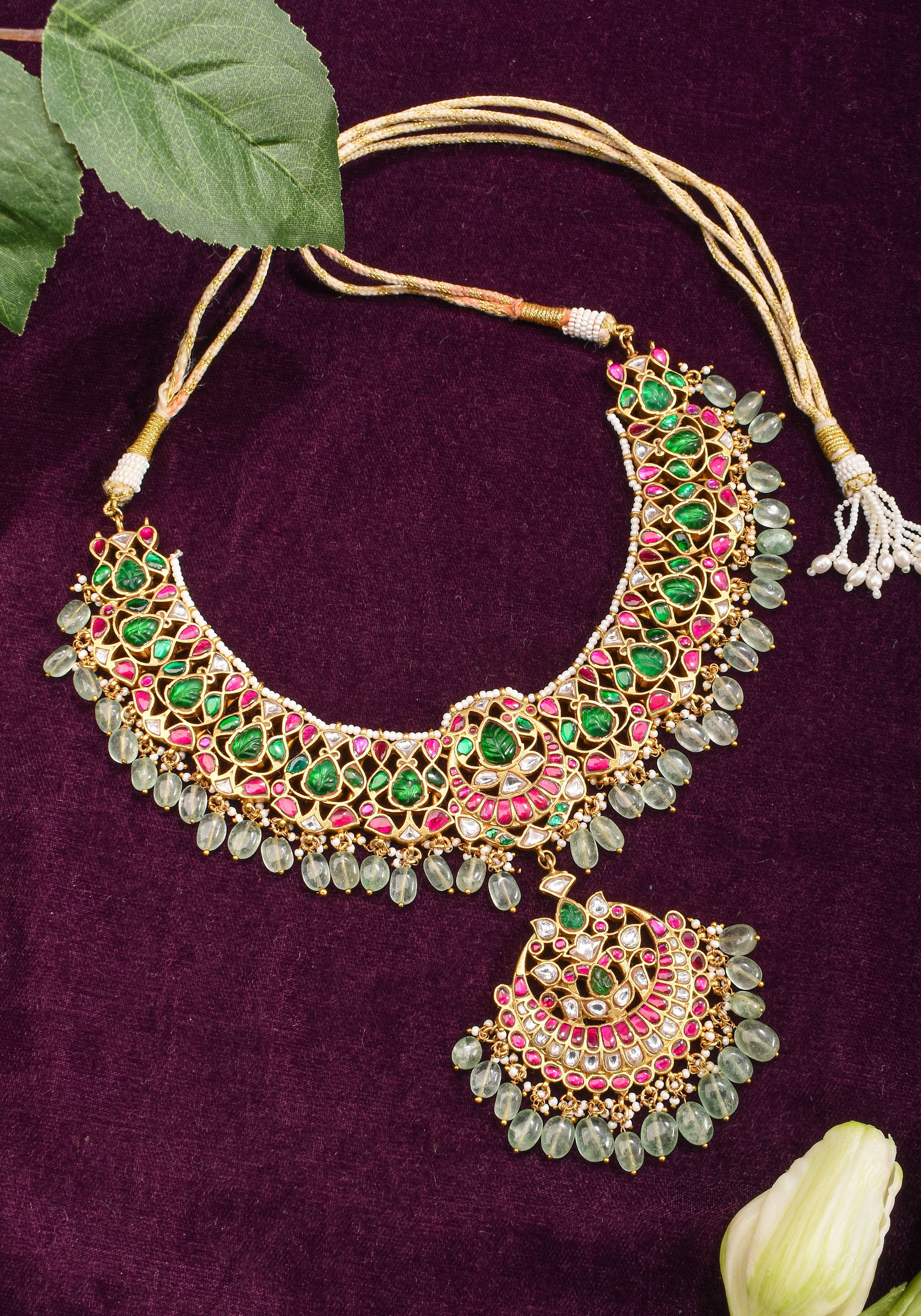 Exquisite Jadau Necklace with central pendant and sage dangling stones | SHOBITAM