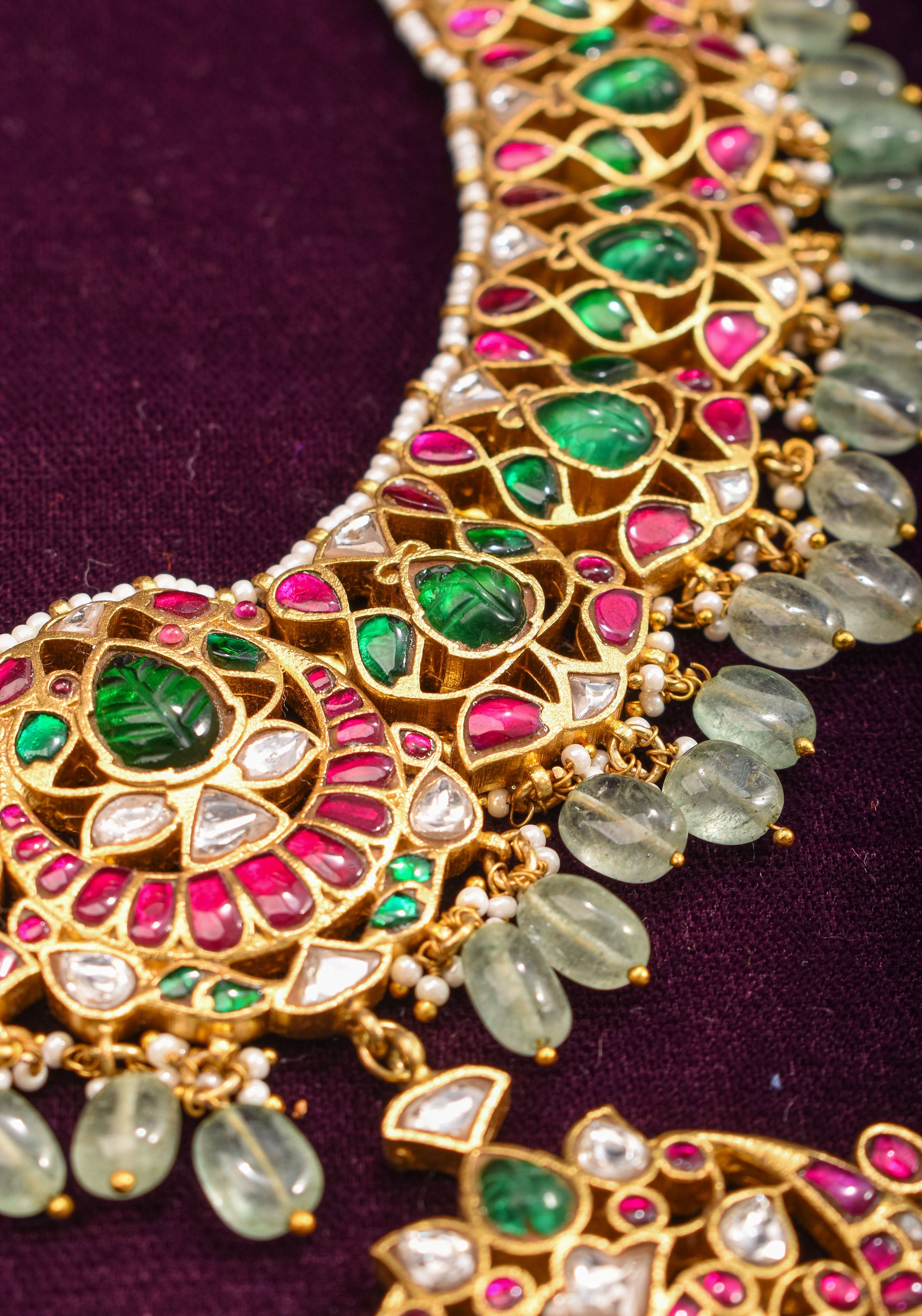 Exquisite Jadau Necklace with central pendant and sage dangling stones | SHOBITAM