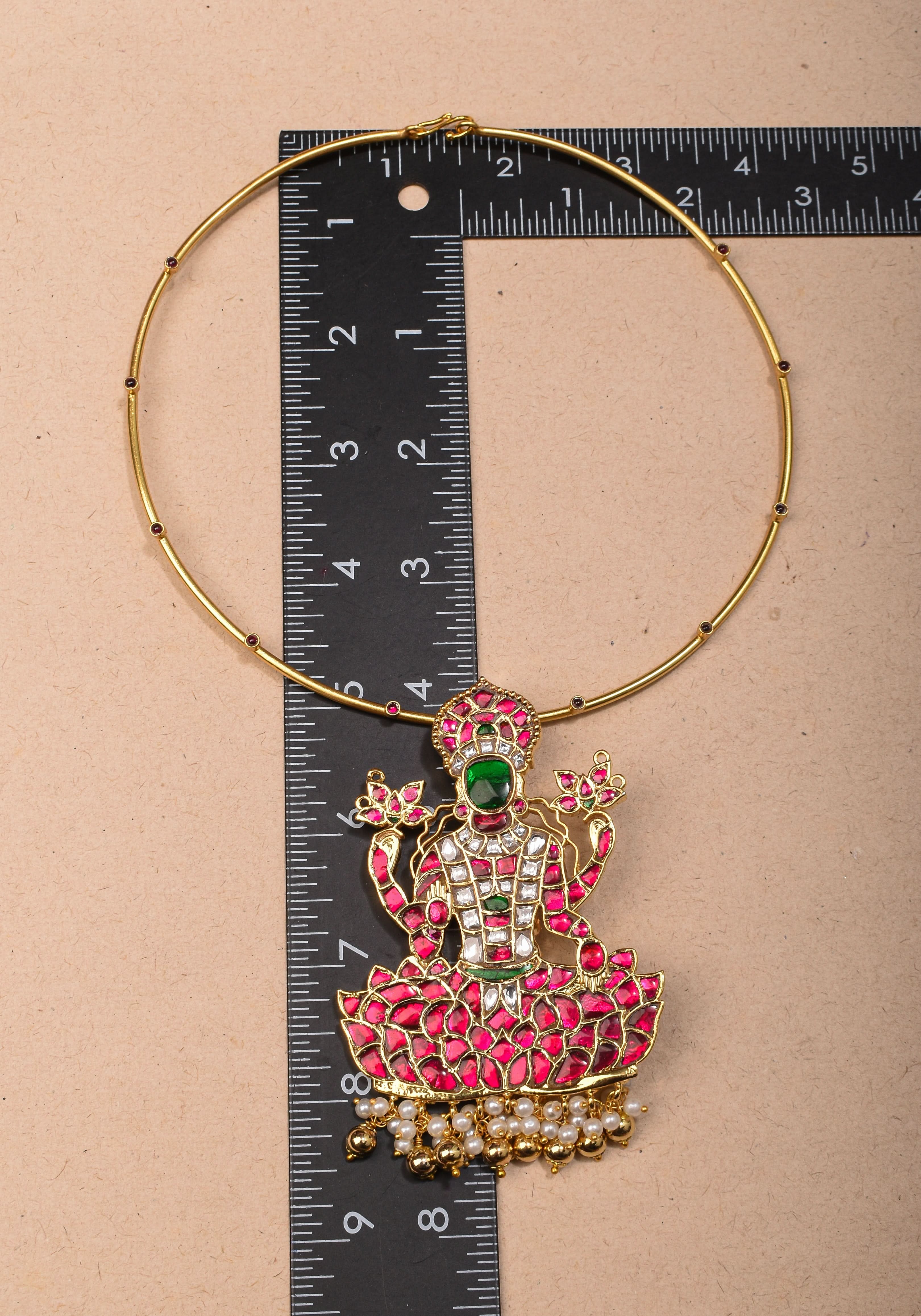 Saraswathi Jadau Pendant with Multicolor Stones on Wire Base pendant and dangling beads