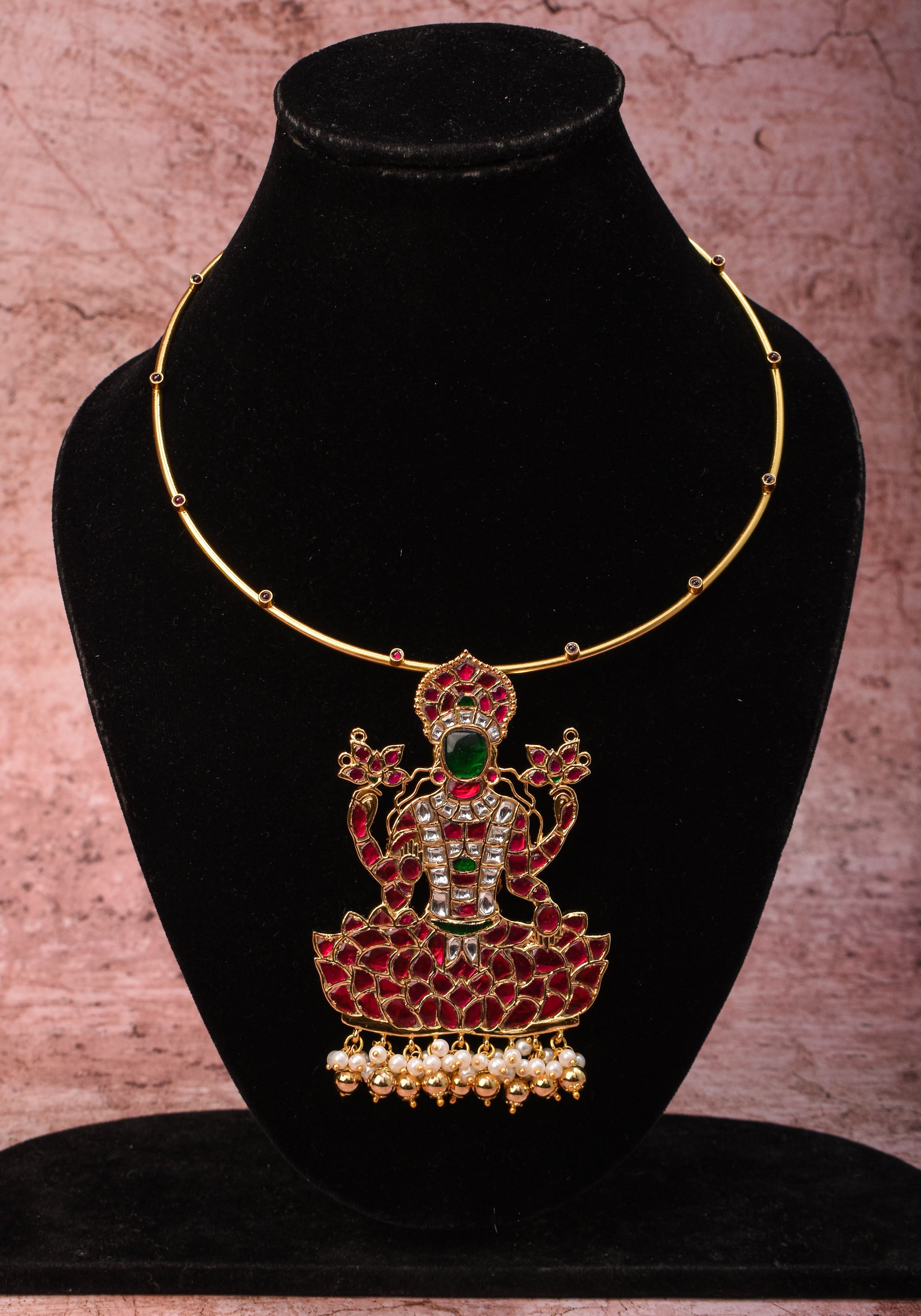 Saraswathi Jadau Pendant with Multicolor Stones on Wire Base pendant and dangling beads