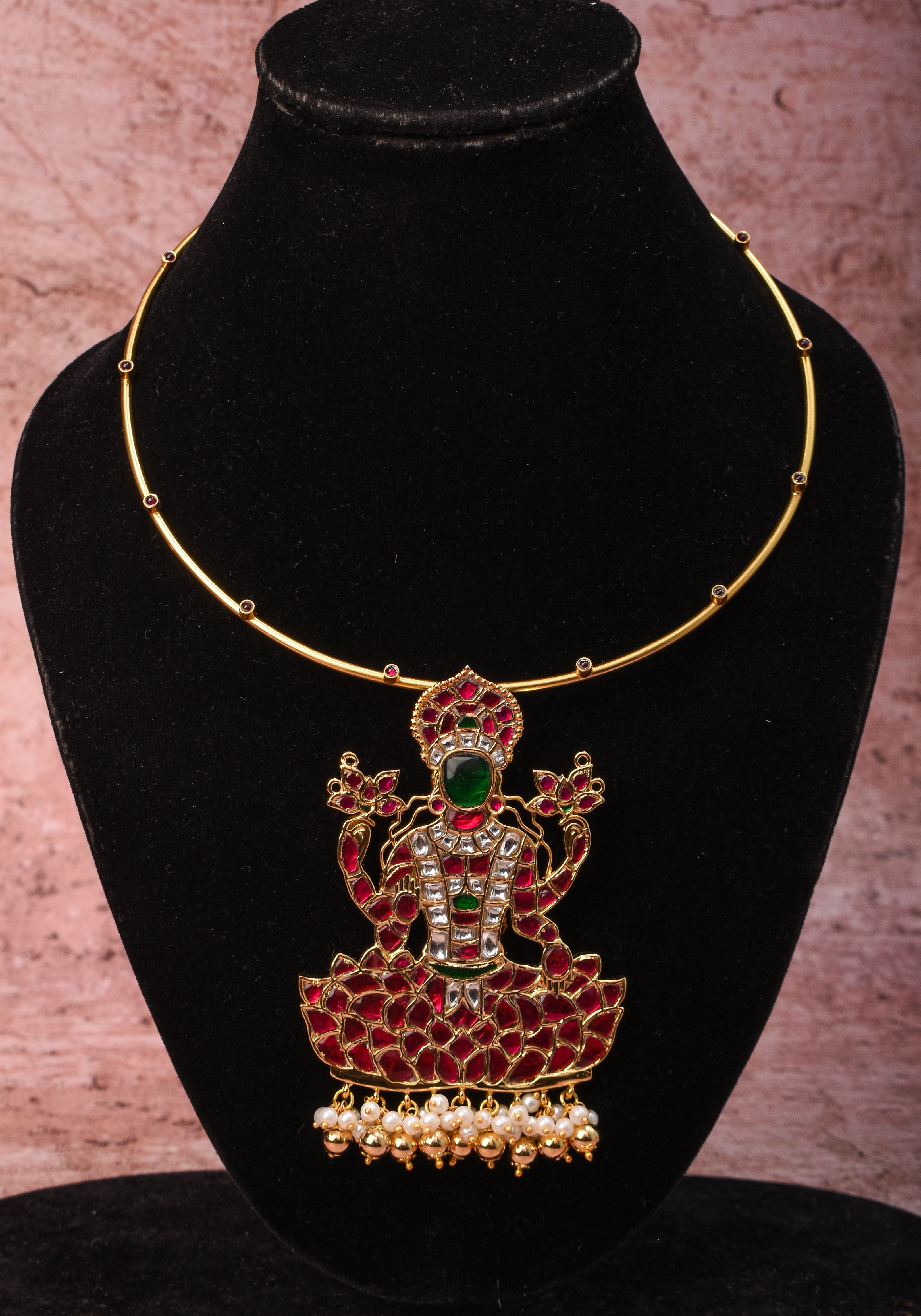 Saraswathi Jadau Pendant with Multicolor Stones on Wire Base pendant and dangling beads