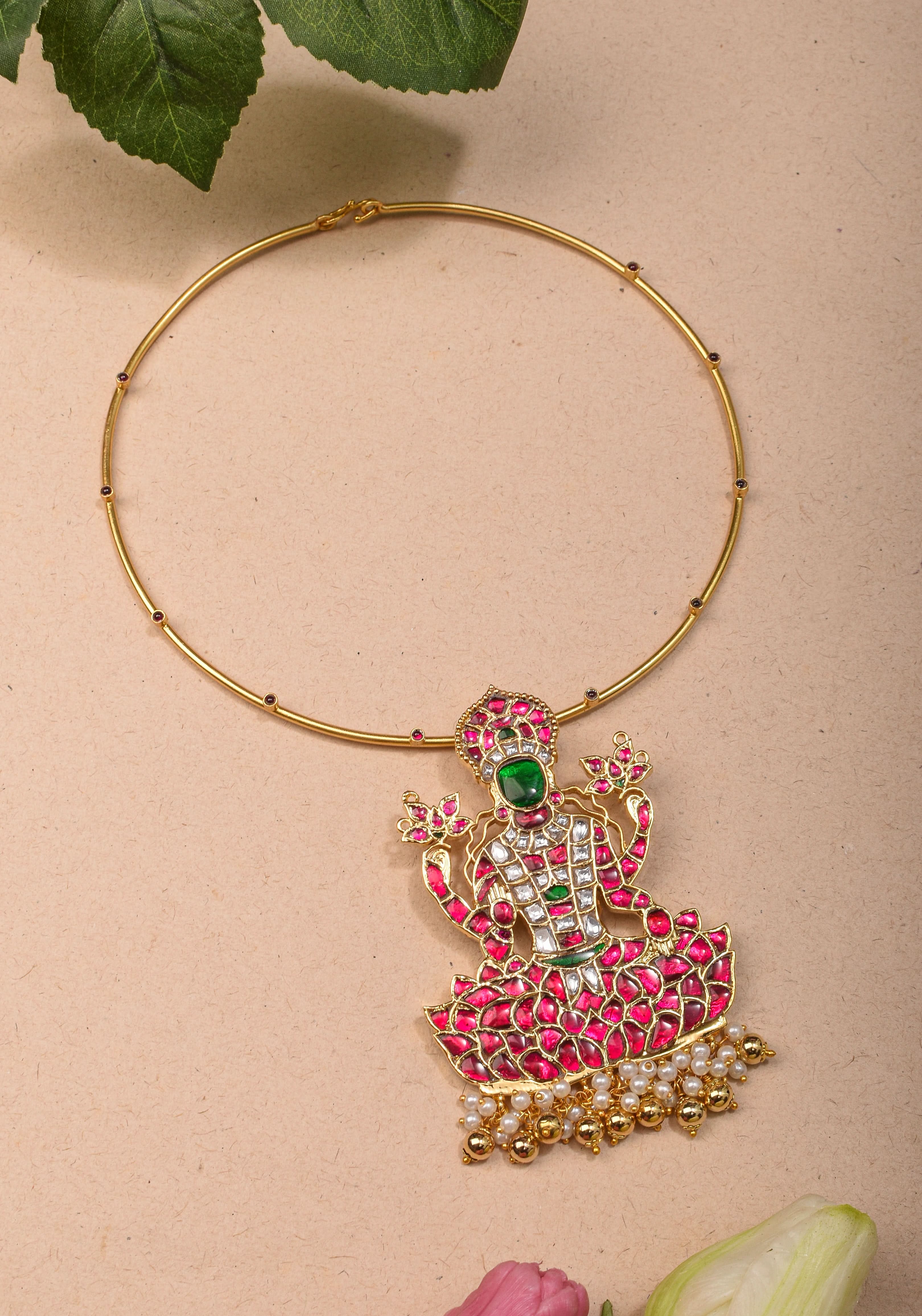 Saraswathi Jadau Pendant with Multicolor Stones on Wire Base pendant and dangling beads