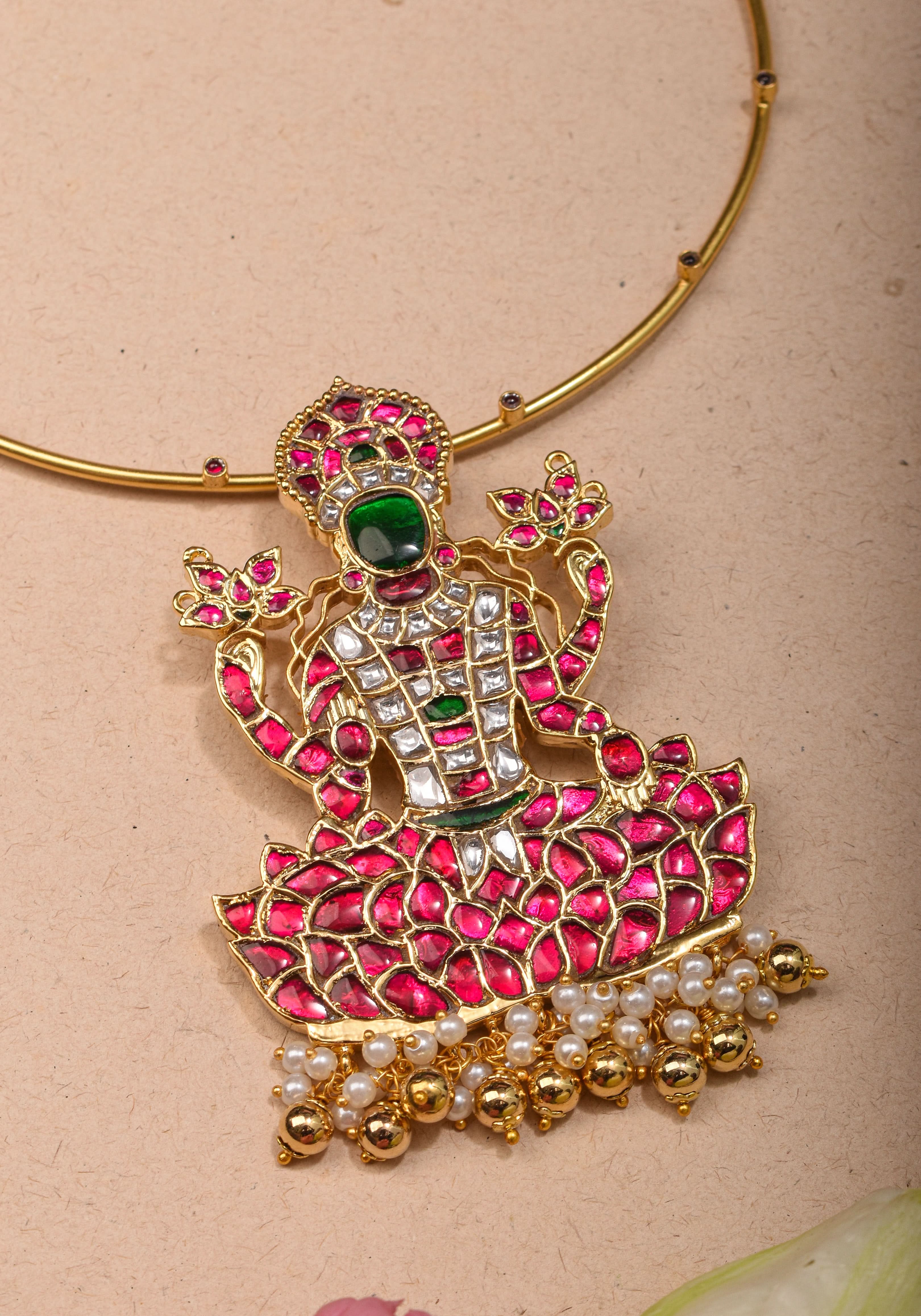 Saraswathi Jadau Pendant with Multicolor Stones on Wire Base pendant and dangling beads