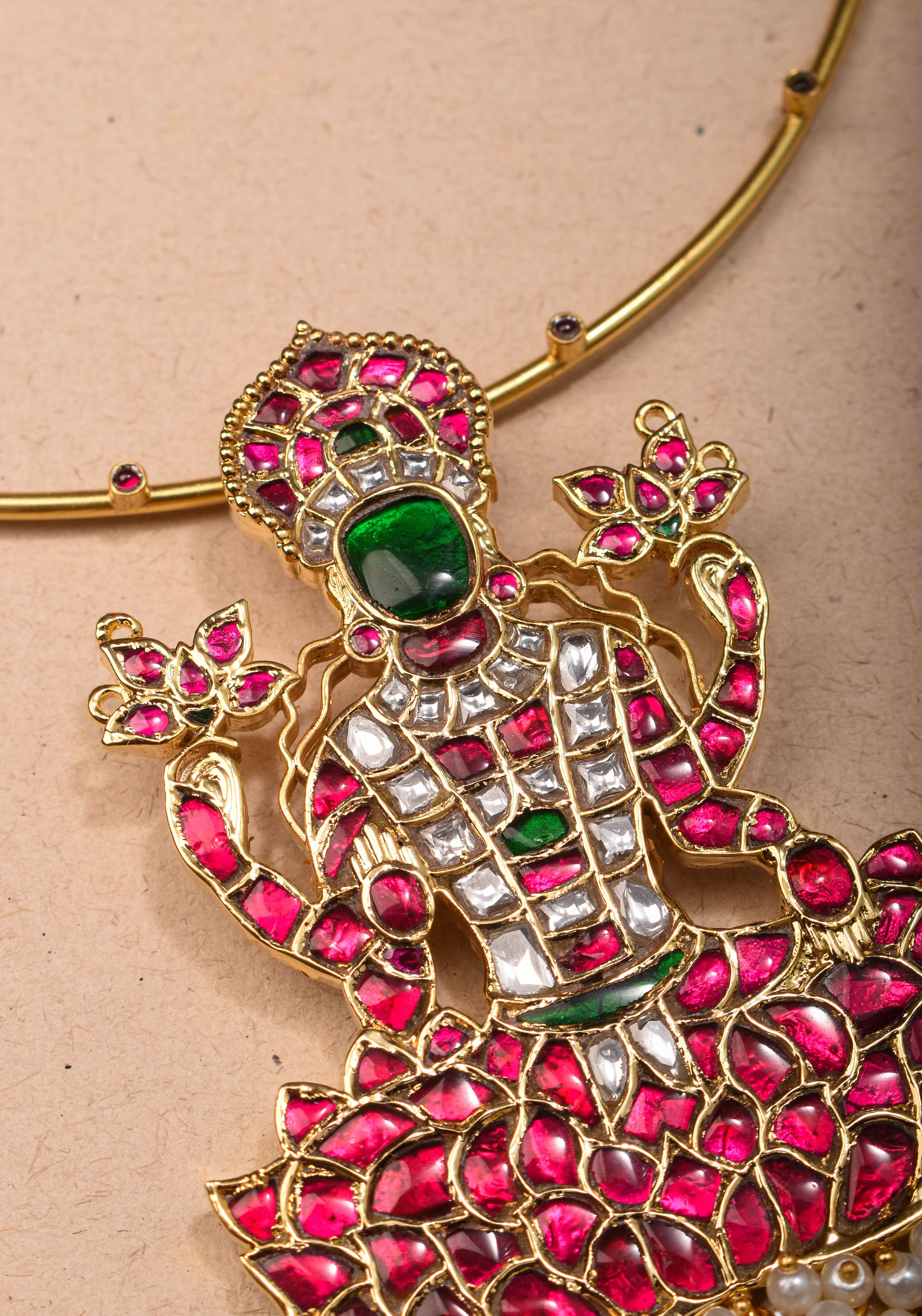 Saraswathi Jadau Pendant with Multicolor Stones on Wire Base pendant and dangling beads