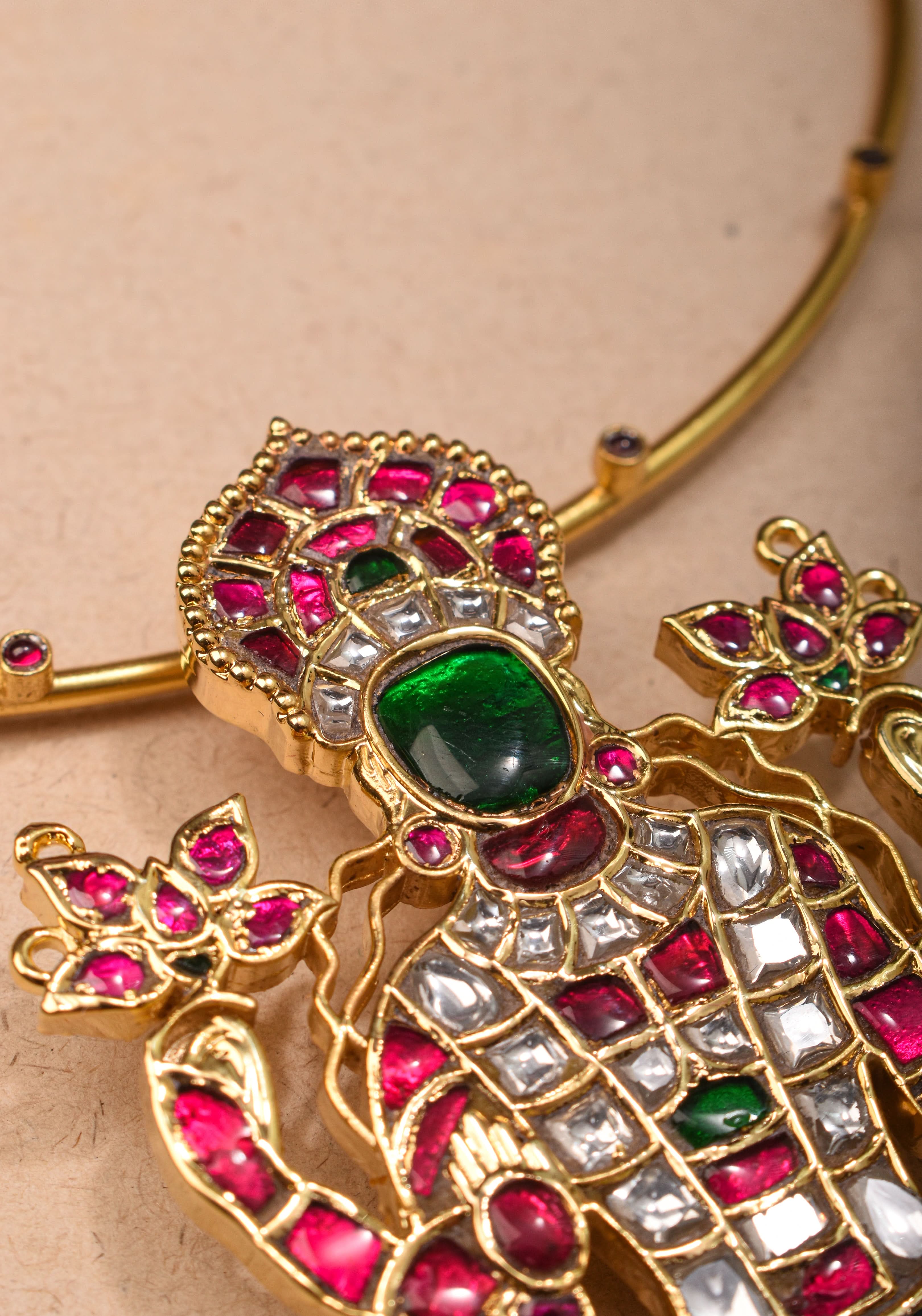 Saraswathi Jadau Pendant with Multicolor Stones on Wire Base pendant and dangling beads