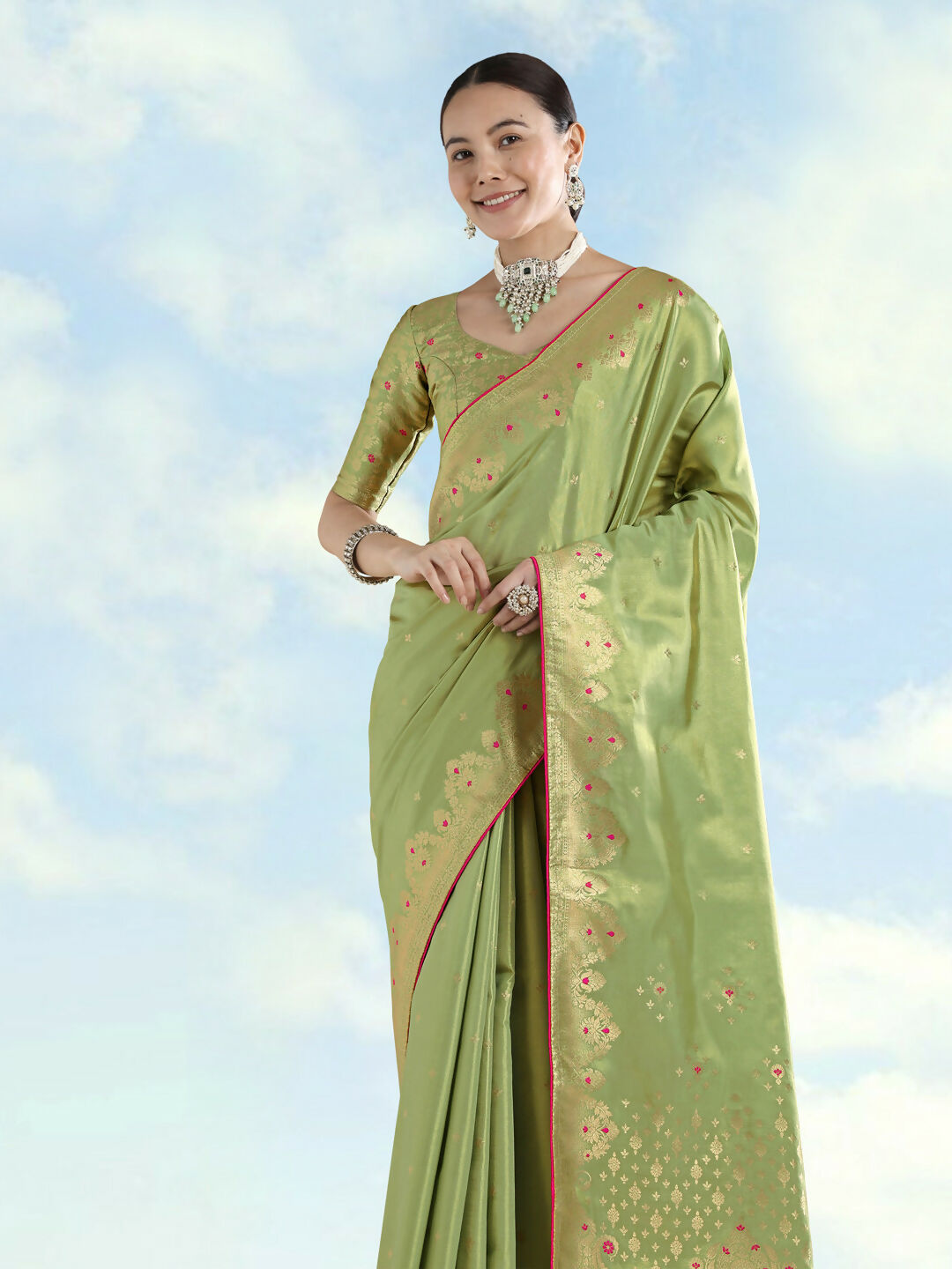Parrot Green Color Paisley Zari Woven Semi Banarasi Tissue Silk Saree | Shobitam