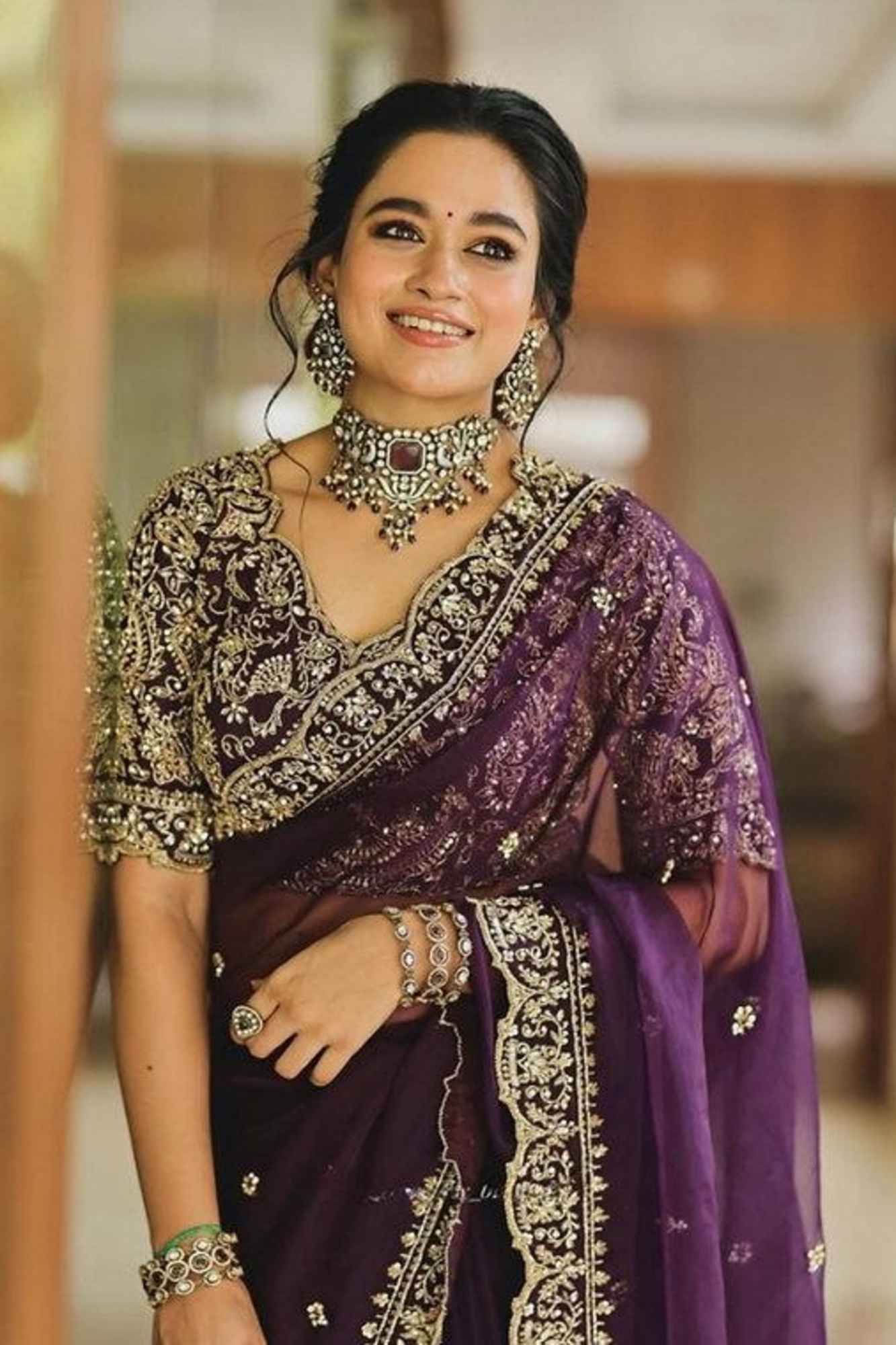 Dark Purple Soft Organza Silk with Gold Embroidery Sequin Work Ready To  Wear Saree with ornate embroidered blouse piece - Main Image