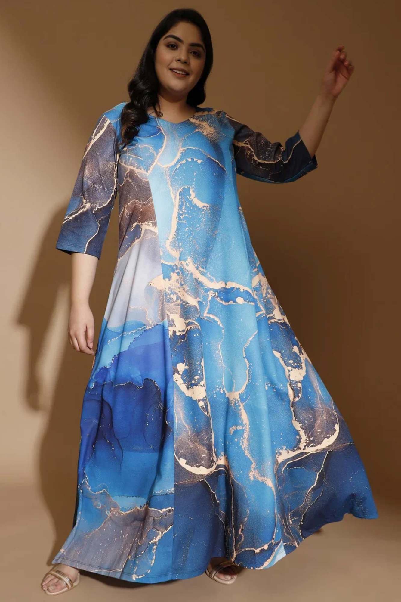 Golddust Printed Blue Plus Size Maxi Dress in Polyester Spandex Fabric for Women | Made to Order